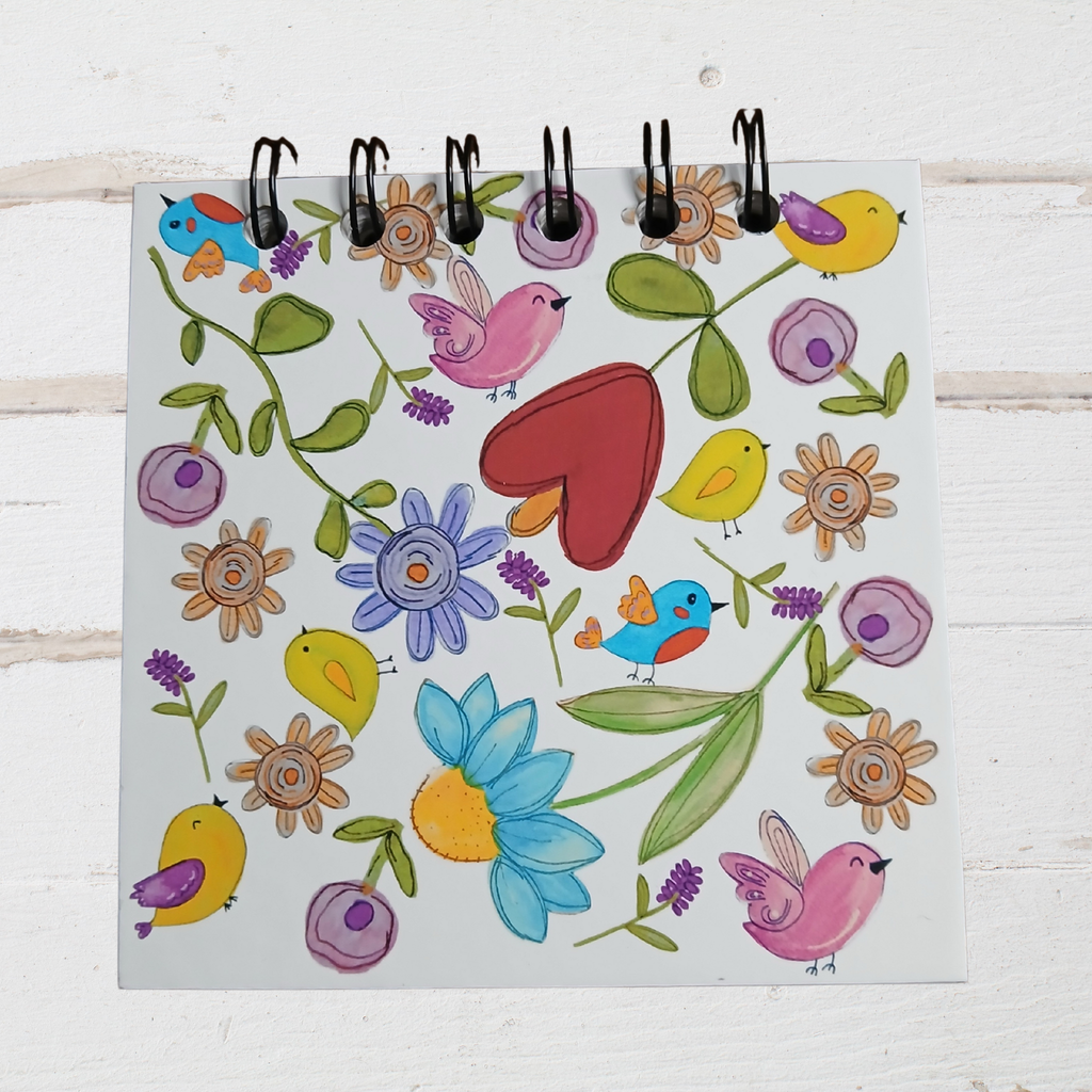 Colorful illustration of birds, flowers, and a heart on a white background