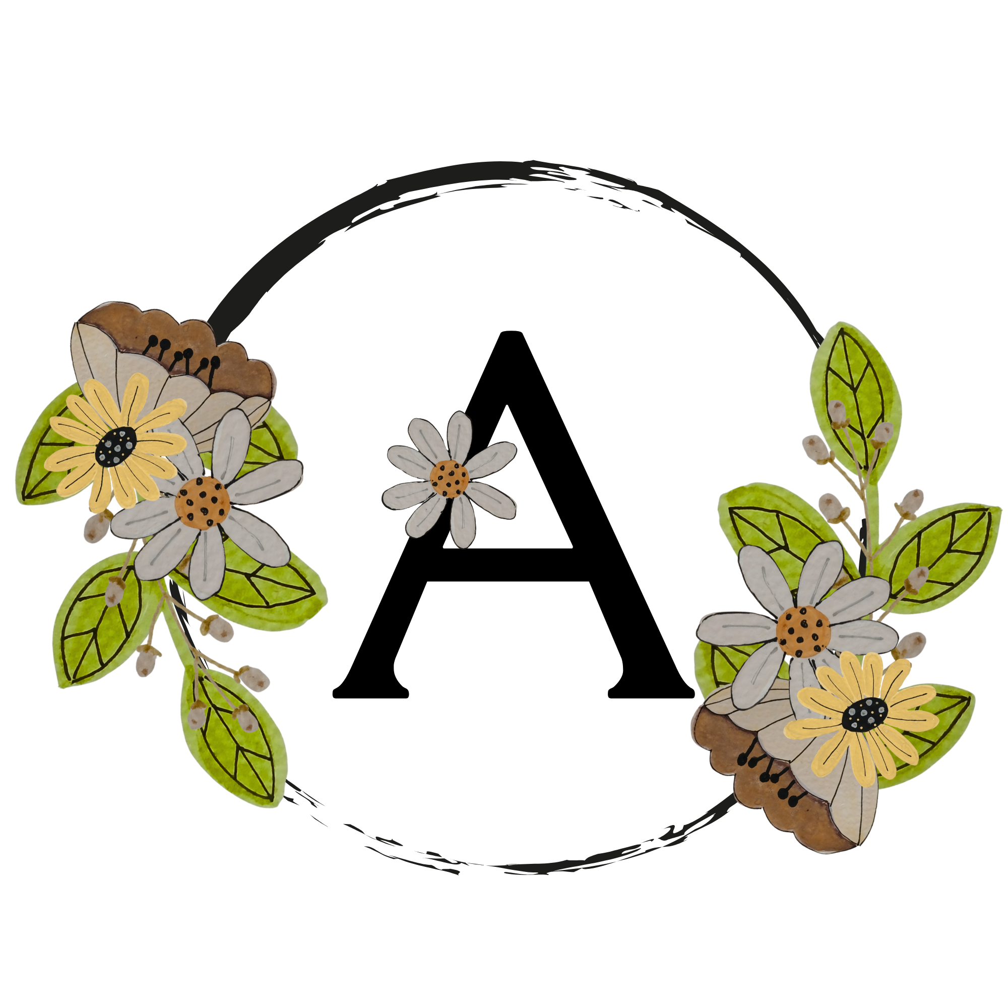 Letter 'A' surrounded by floral decorations on a white background