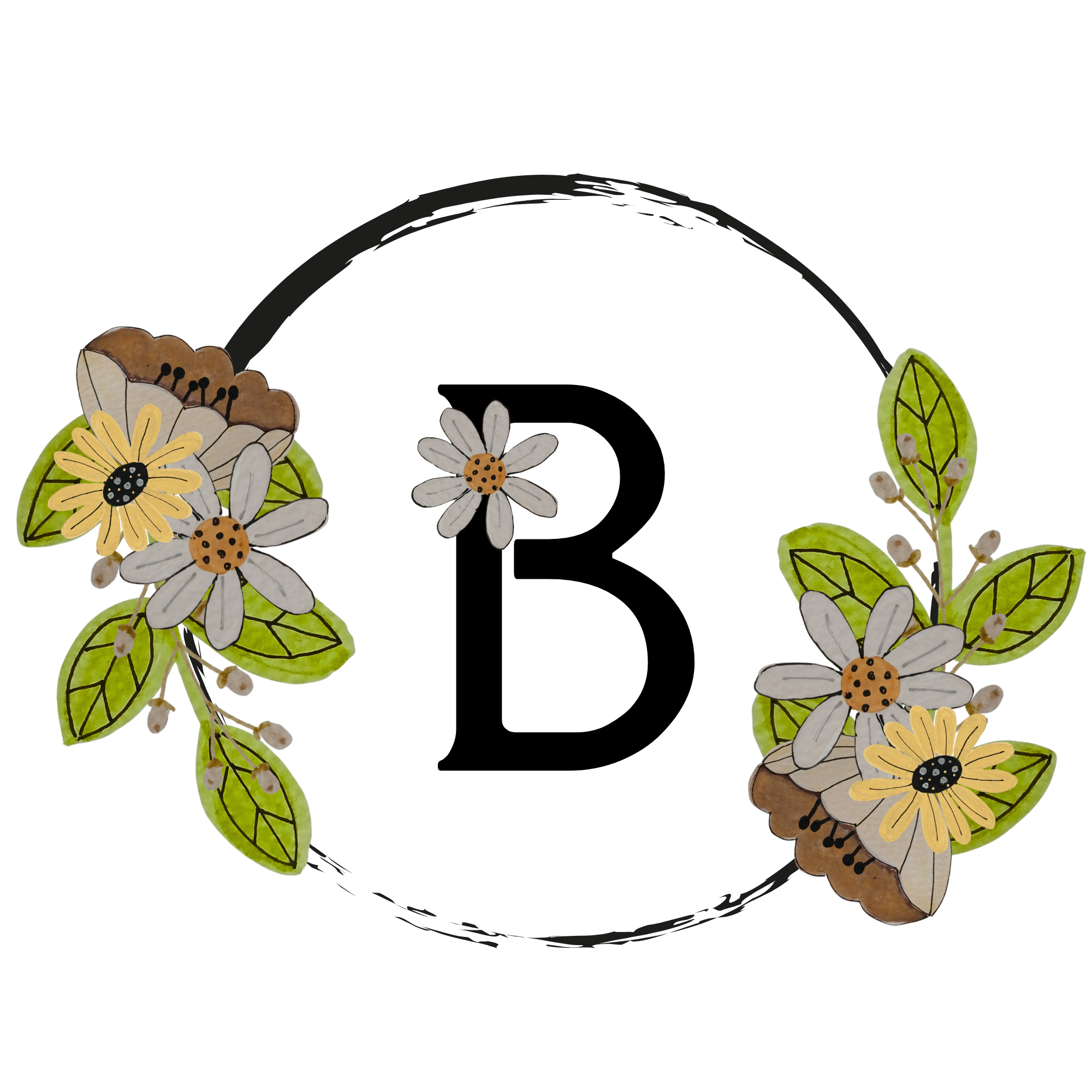 Floral design with the letter 'B' in the center on a white background