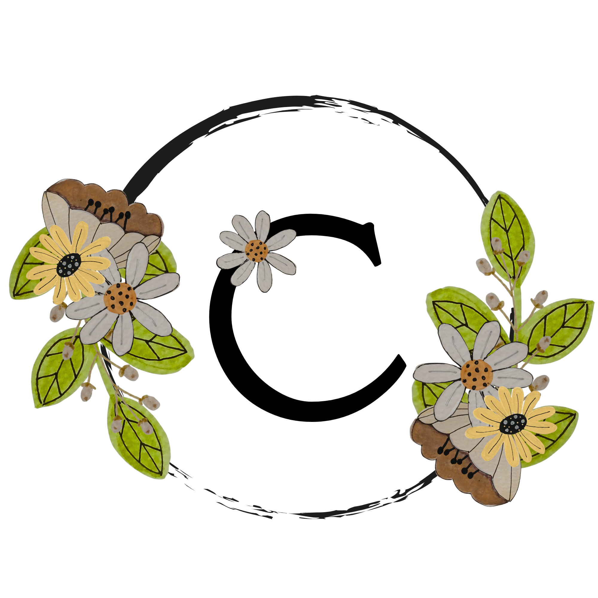 Floral wreath with a black letter 'C' in the center on a white background