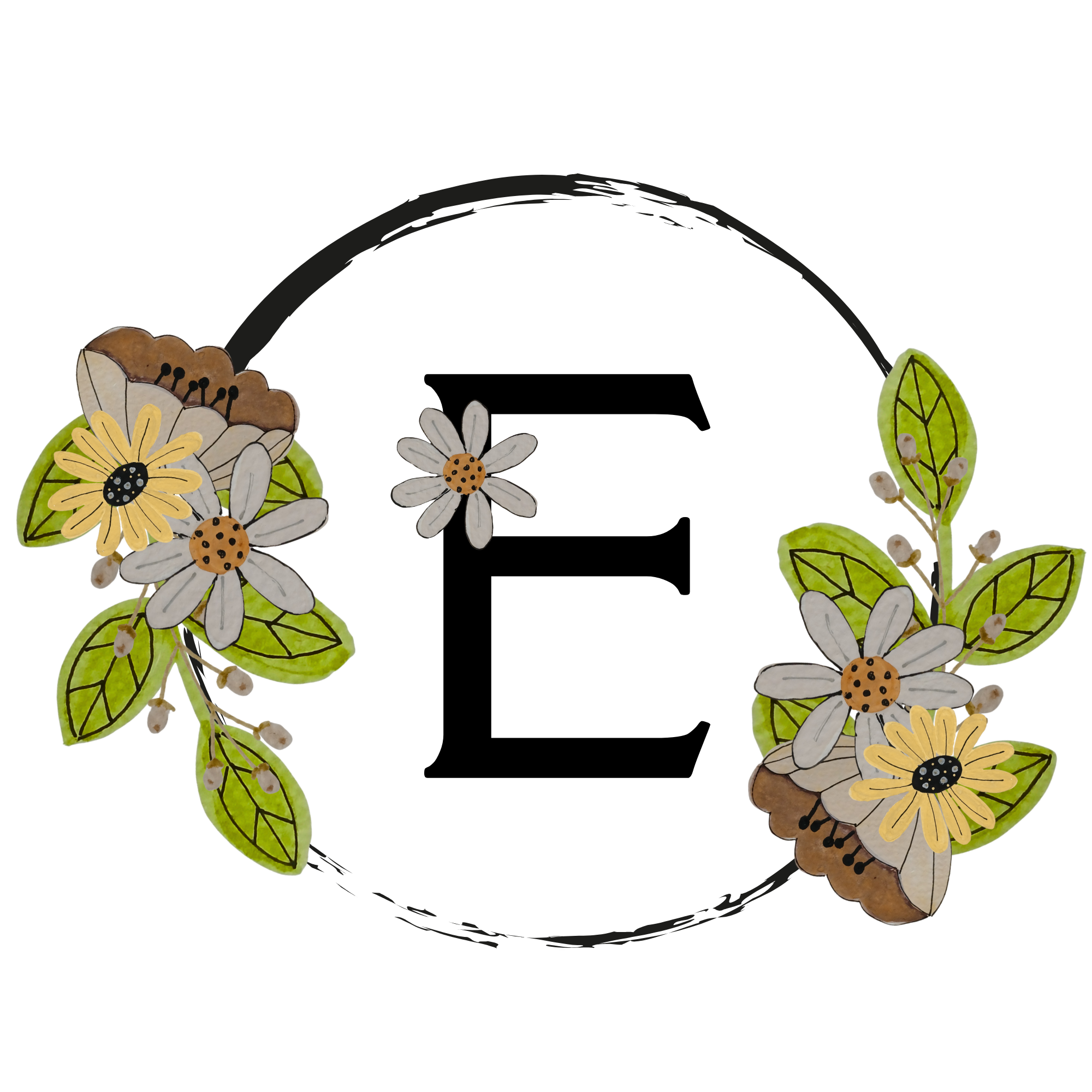 Letter 'E' surrounded by floral decorations on a white background