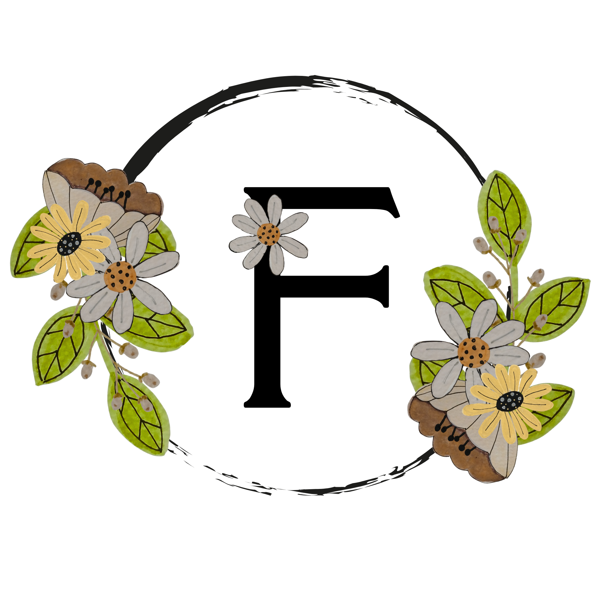Letter F with floral decorations and white backround