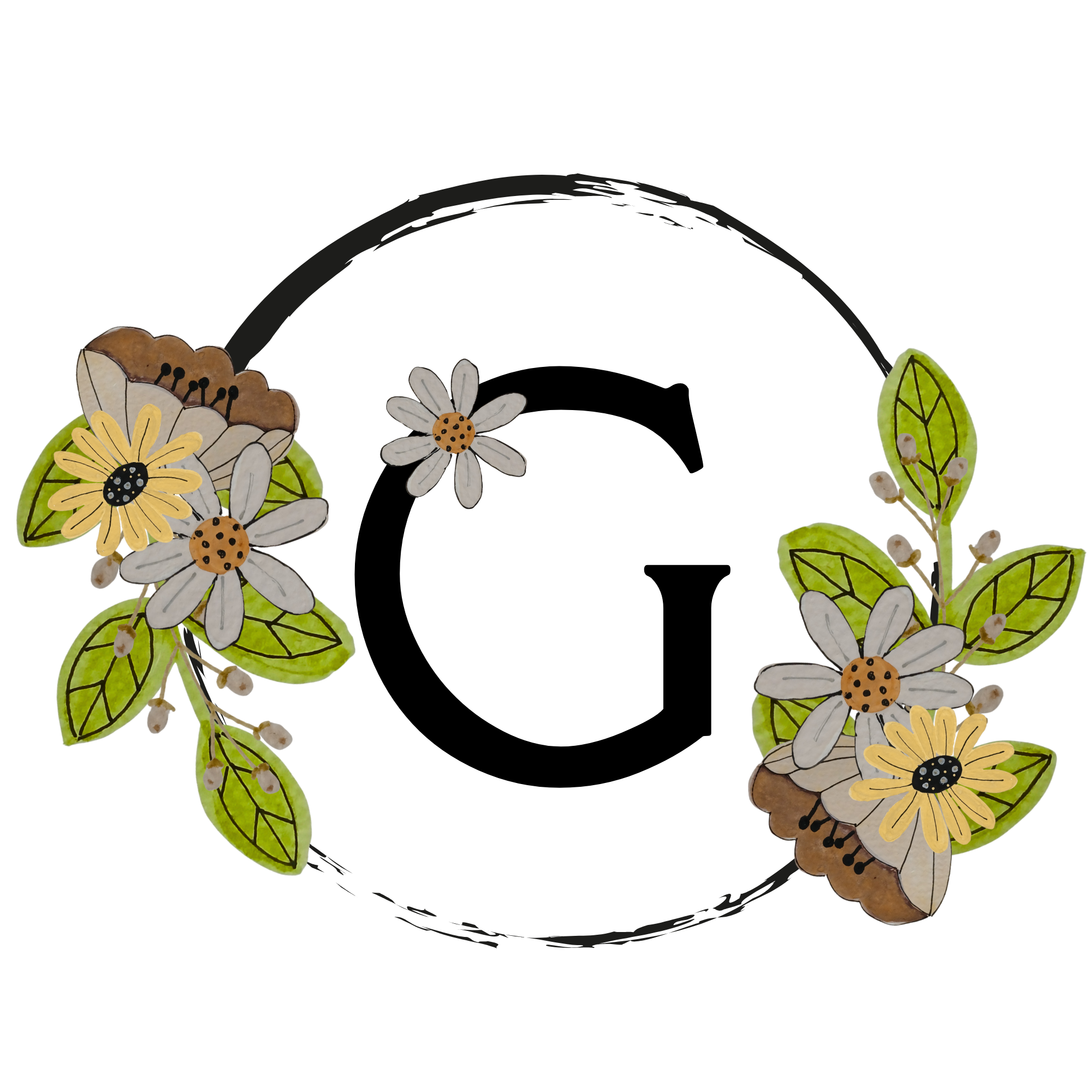 Decorative letter 'G' surrounded by flowers and leaves on a white background