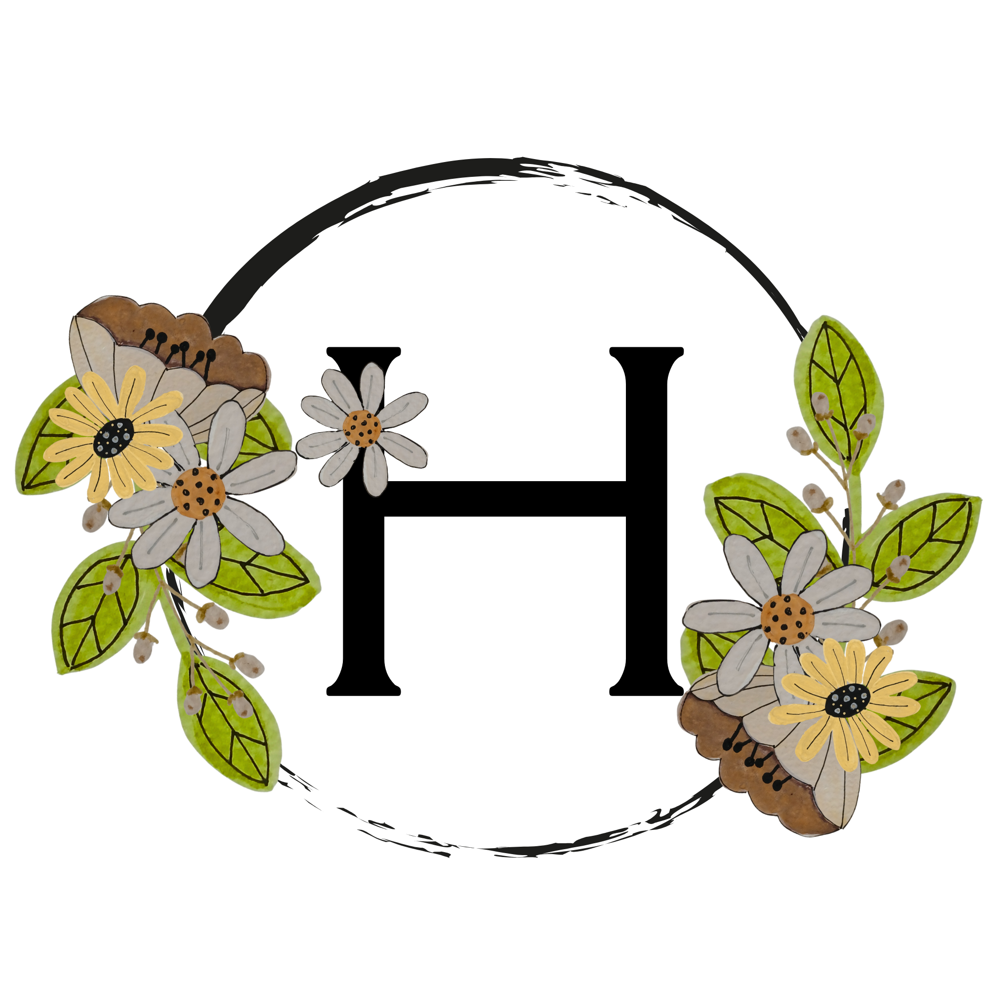 Letter 'H' surrounded by floral elements on a white background