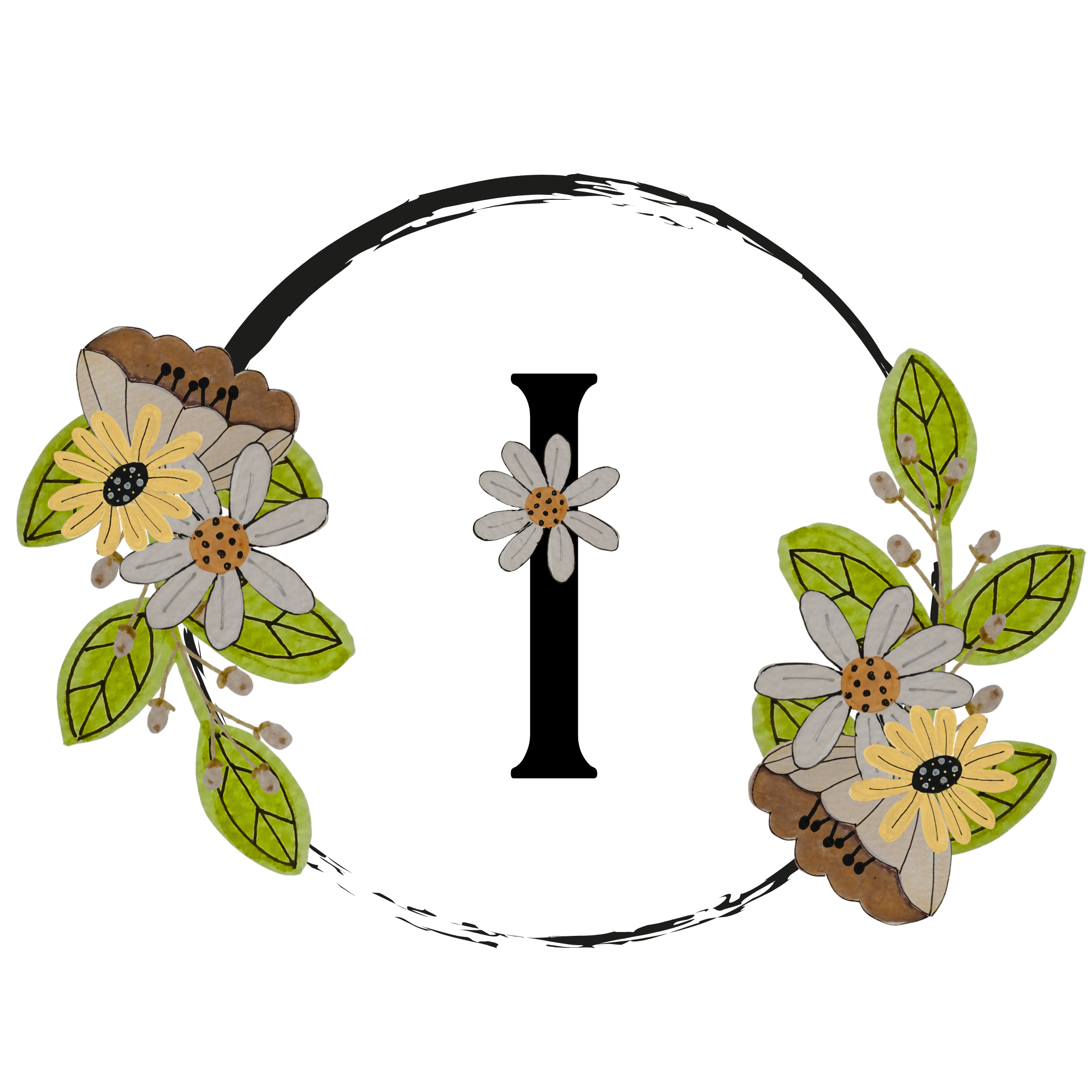 Floral headband with a letter 'I' in the center on a white background