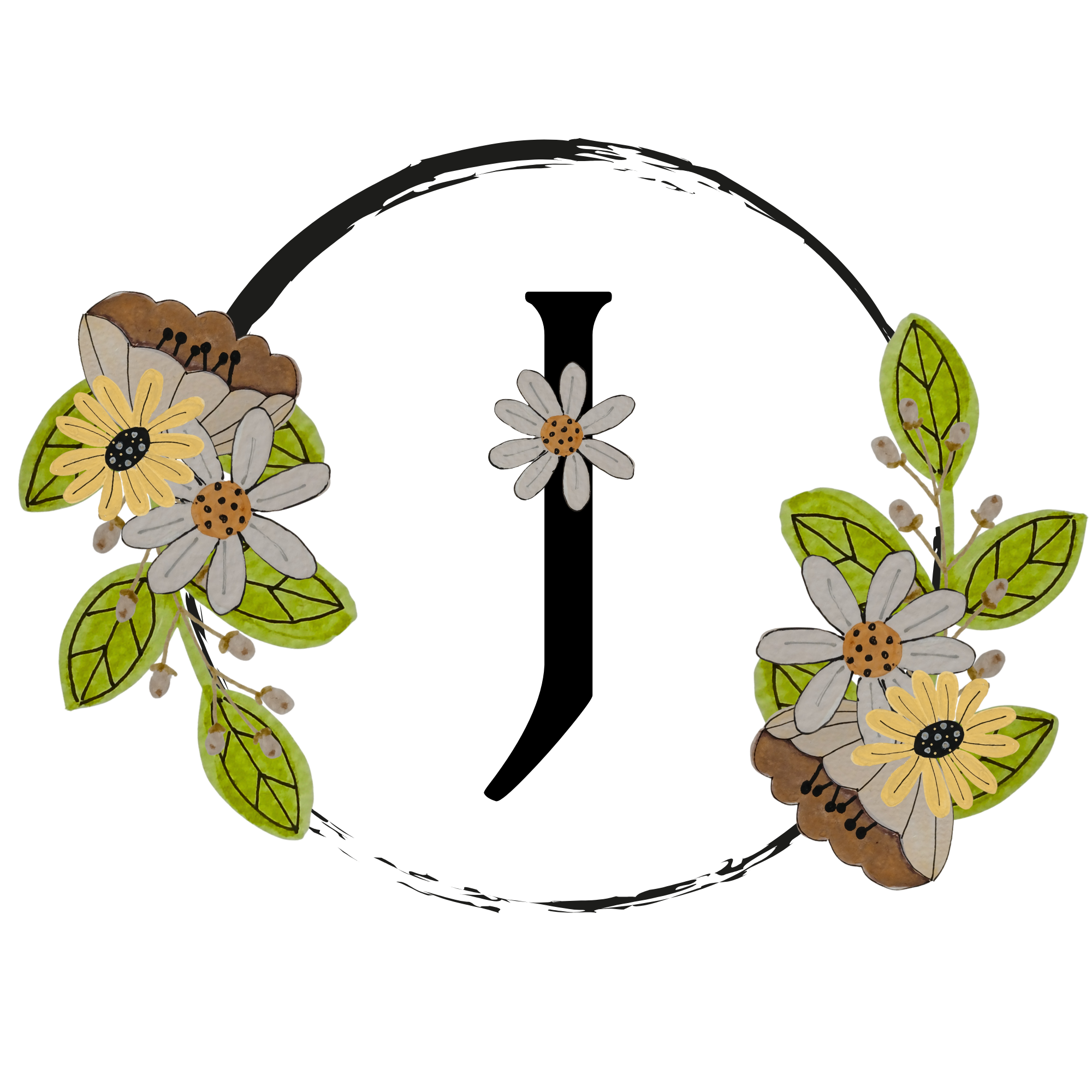 Floral headband with letter 'J' on a white background