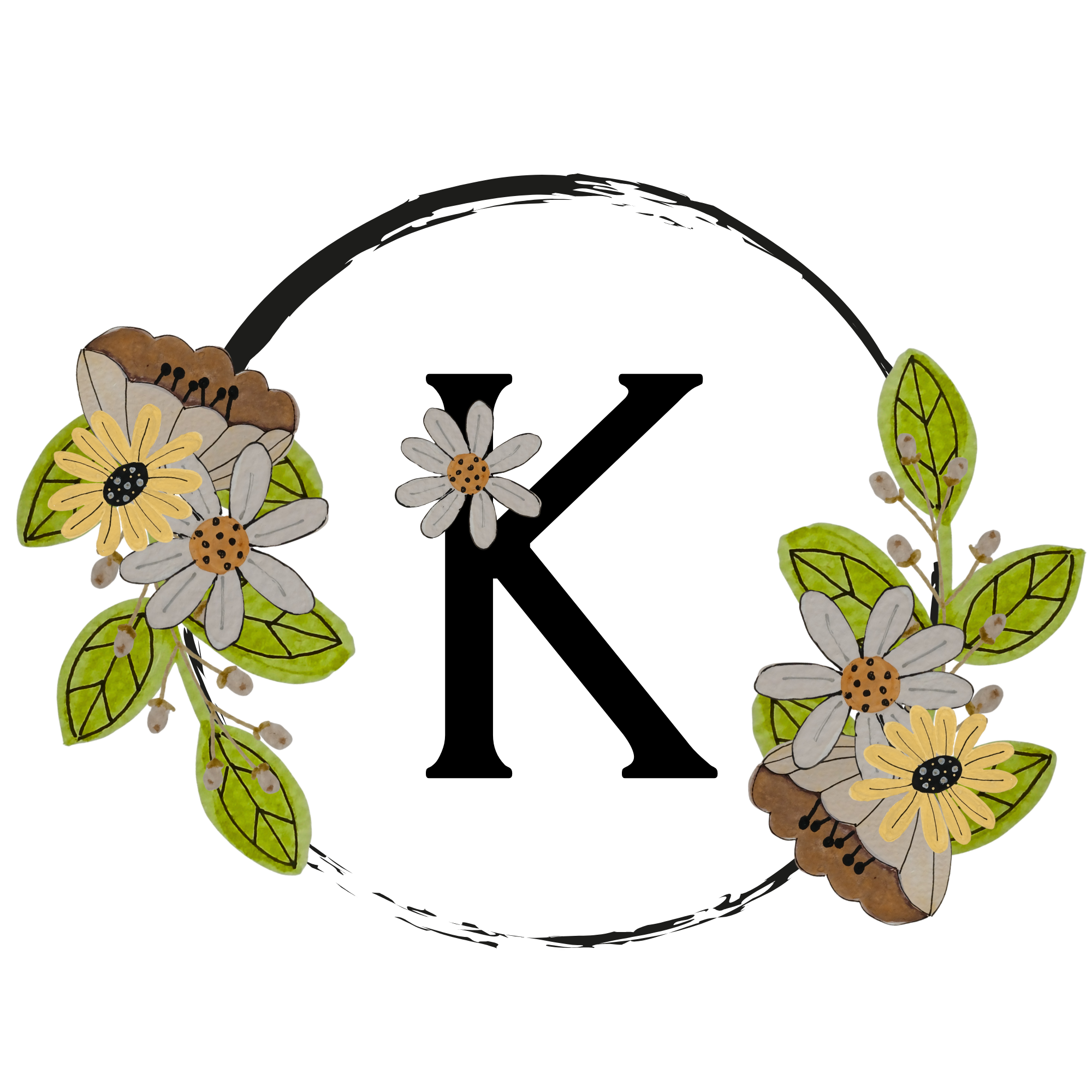 Letter 'K' surrounded by floral decorations on a white background