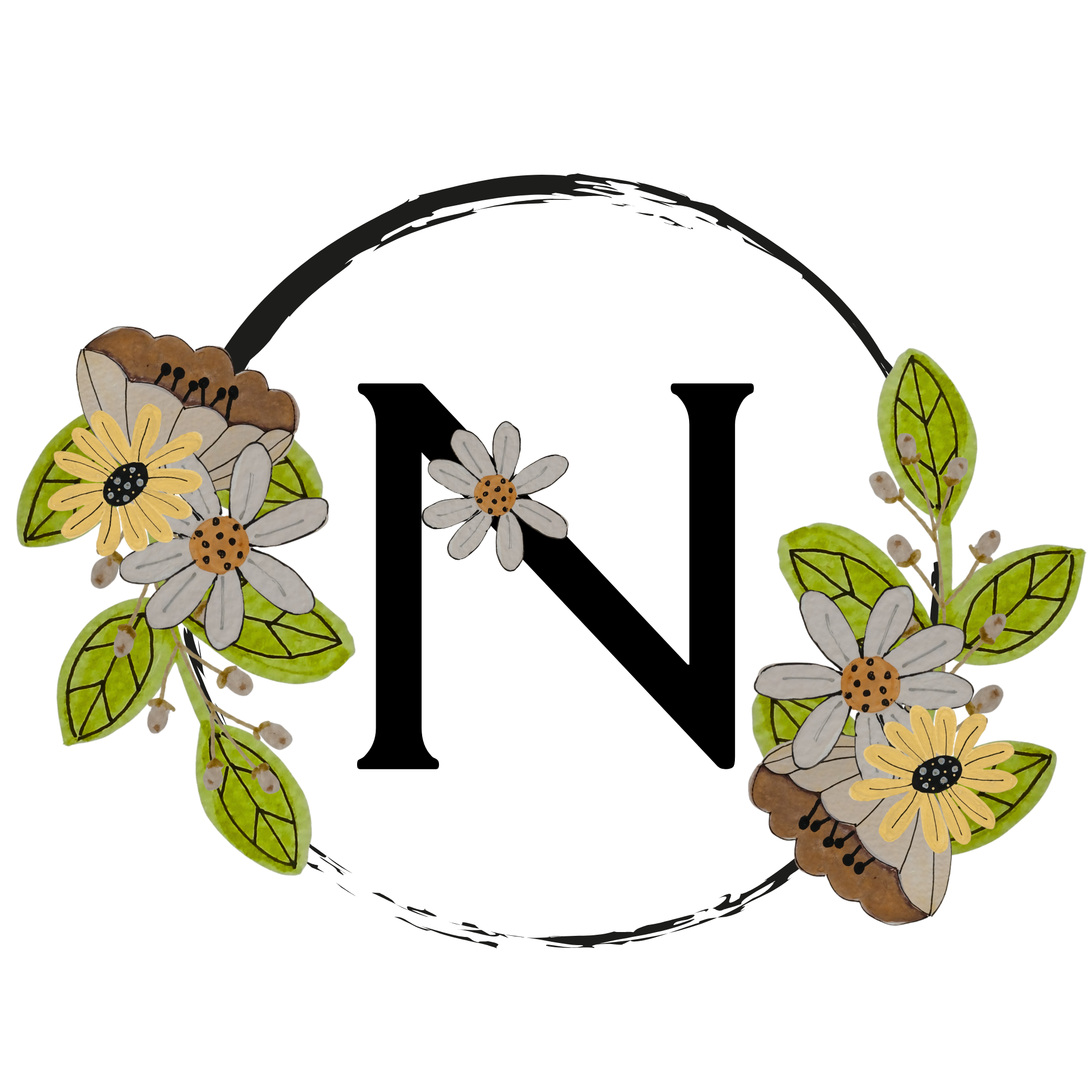 Letter 'N' surrounded by floral decorations on a white background