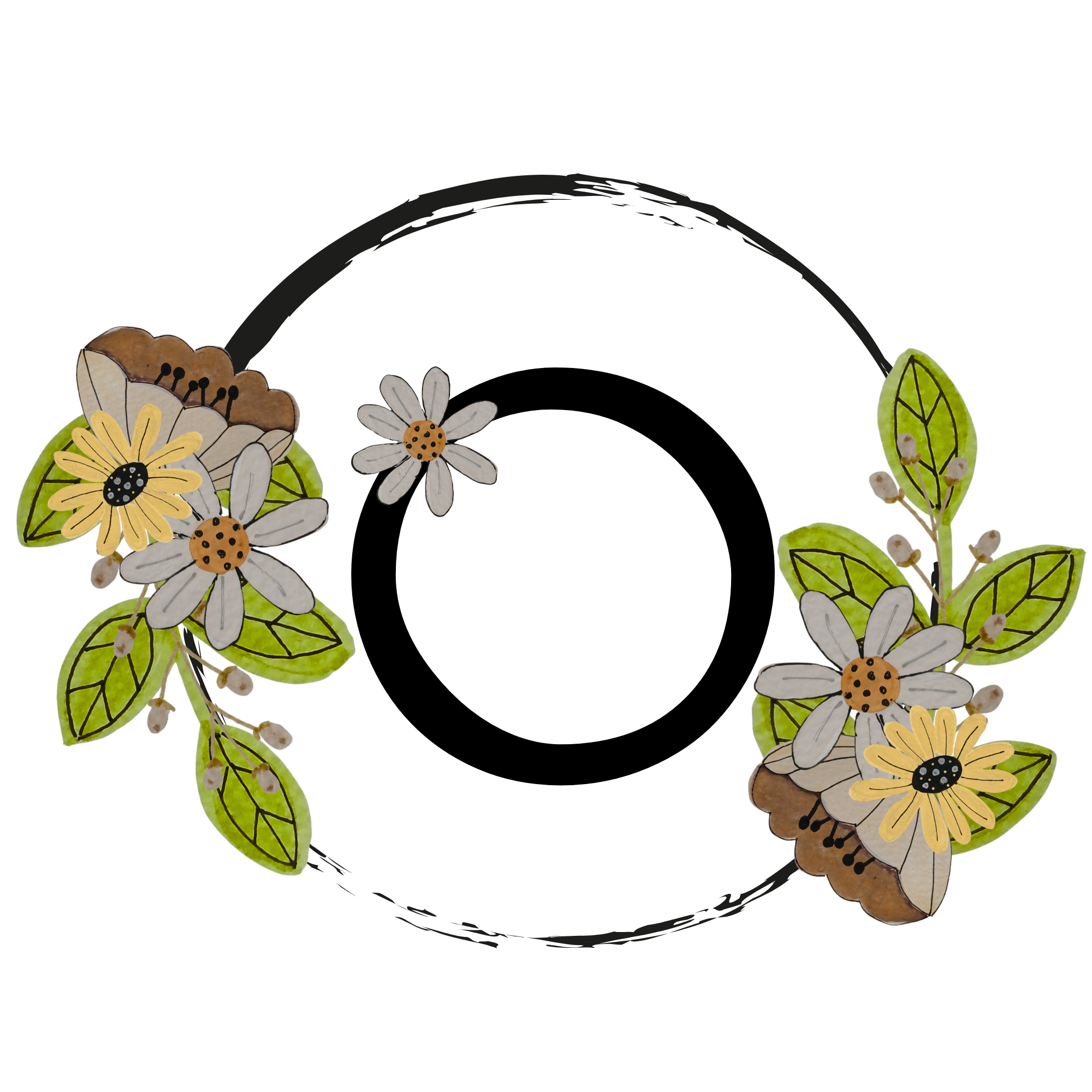 Decorative wreath with flowers and leaves around a black circle on a white background