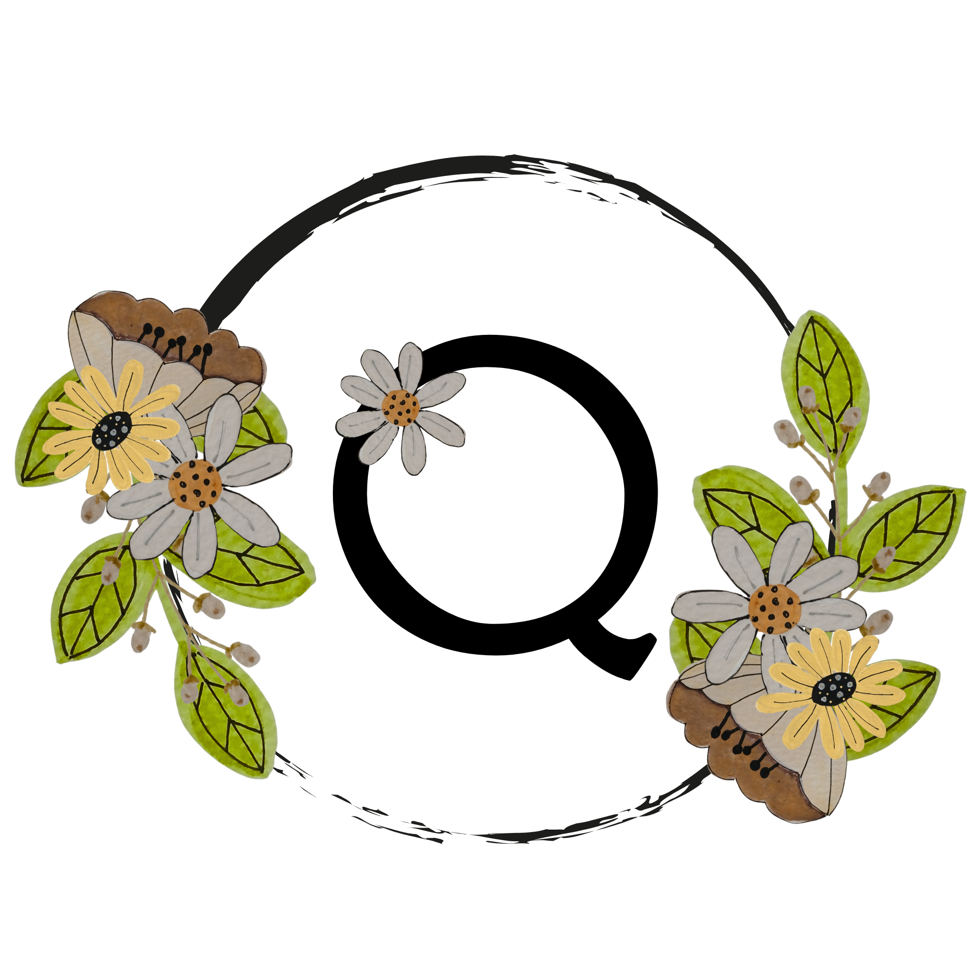 Decorative letter 'Q' surrounded by flowers and leaves on a white background