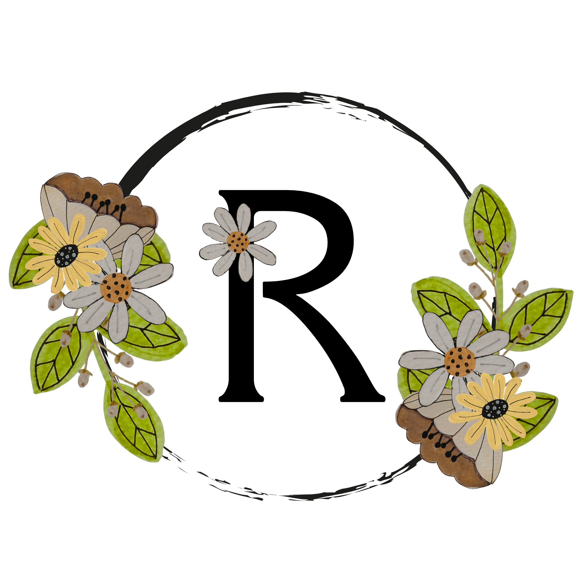 Letter R with floral and white background