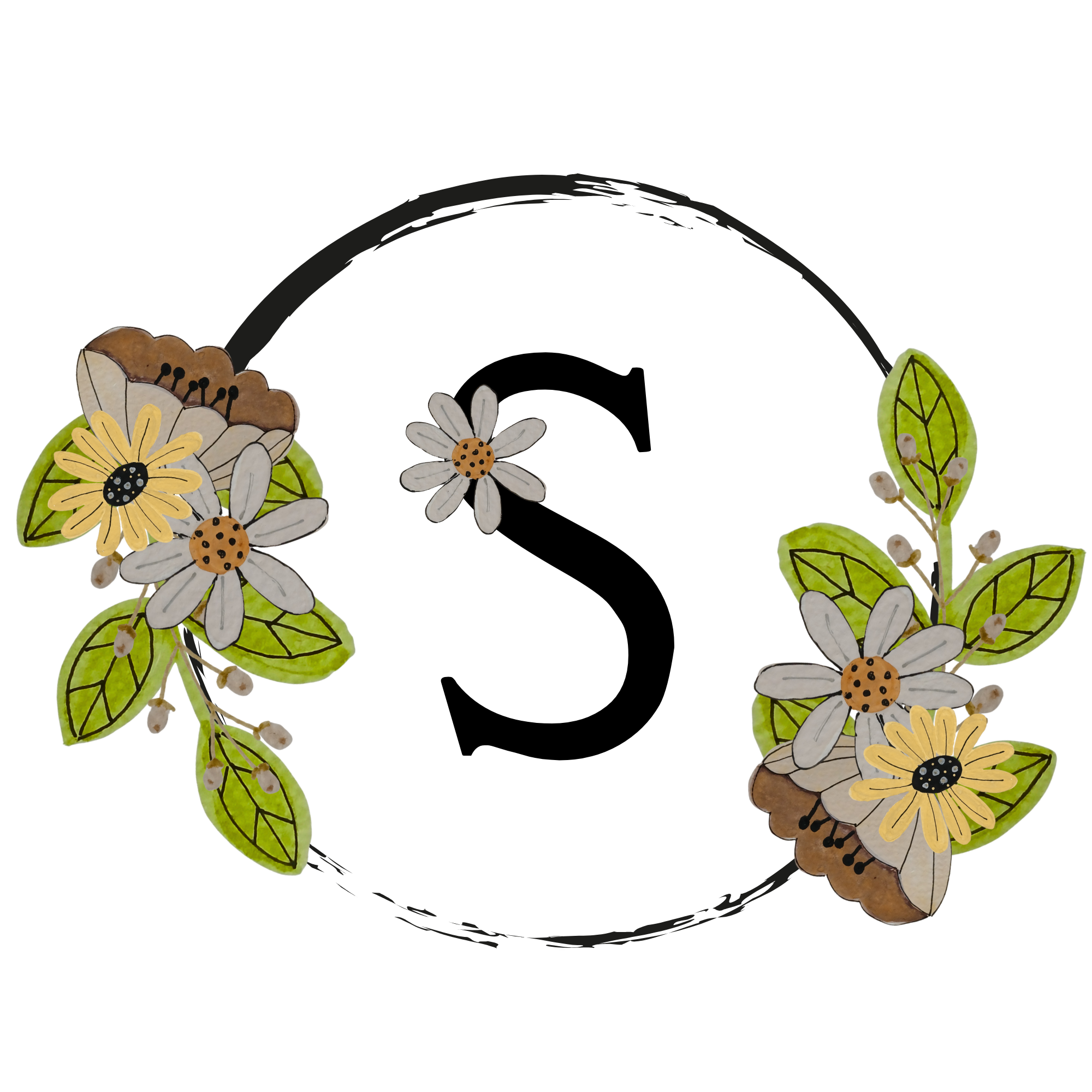 Decorative letter 'S' surrounded by flowers and leaves on a white background