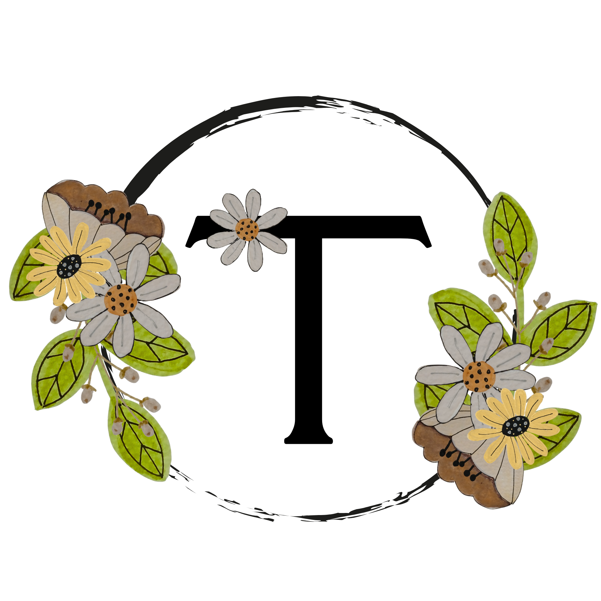 Decorative letter 'T' surrounded by flowers and leaves on a white background