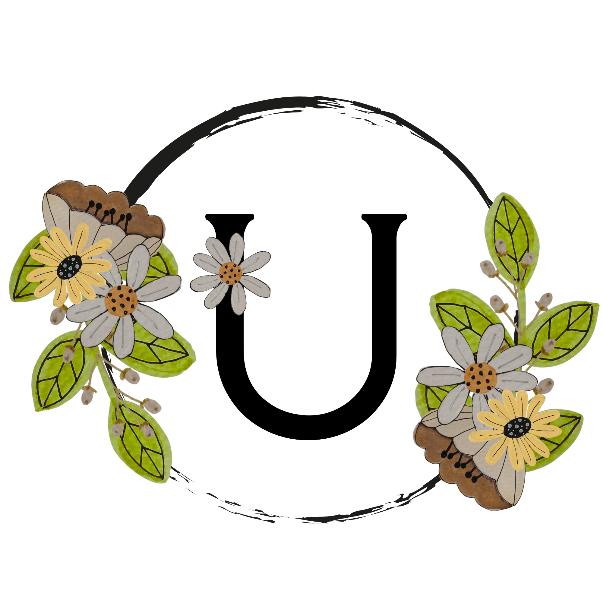 Floral wreath with a black letter 'U' in the center on a white background