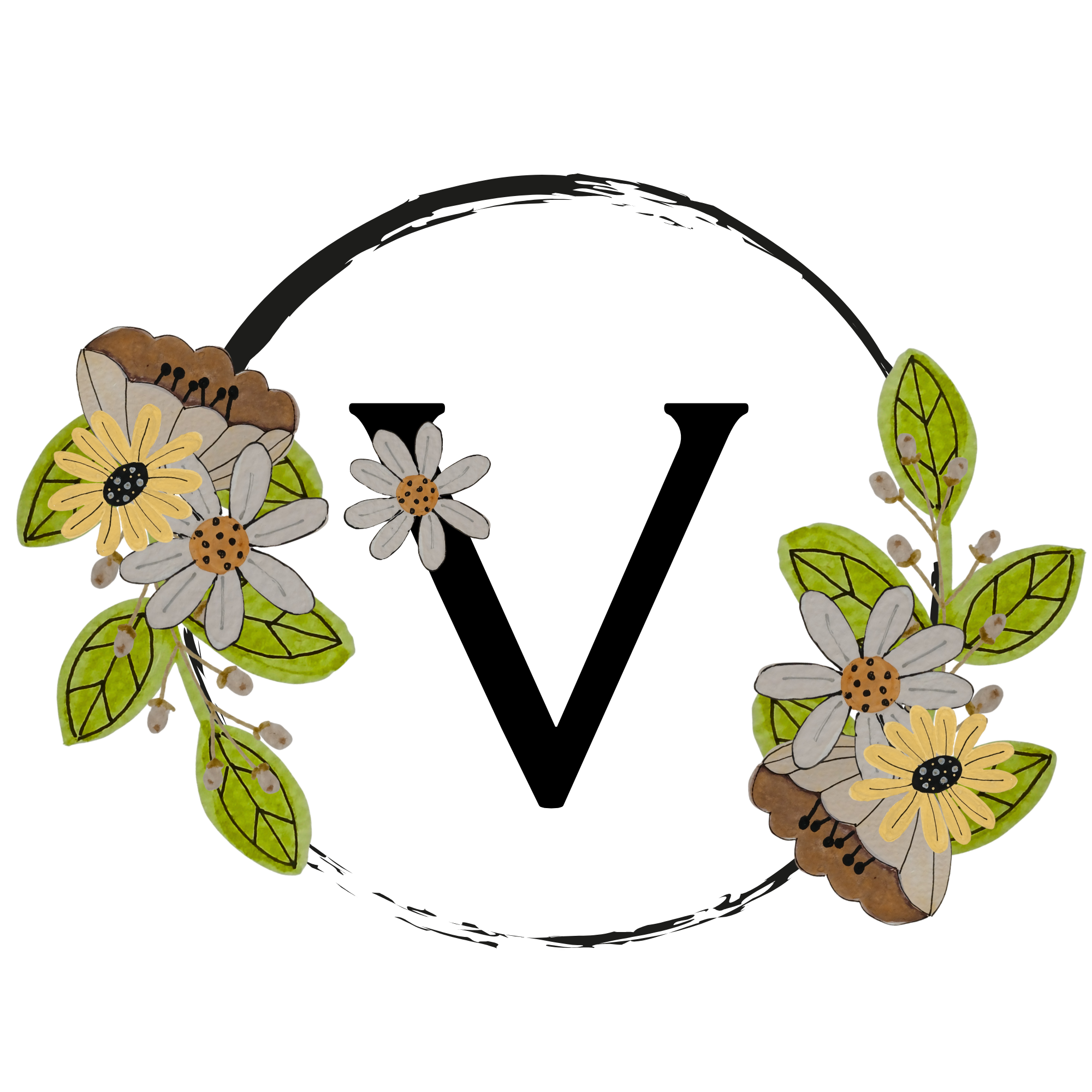 Floral wreath with the letter 'V' in the center on a white background