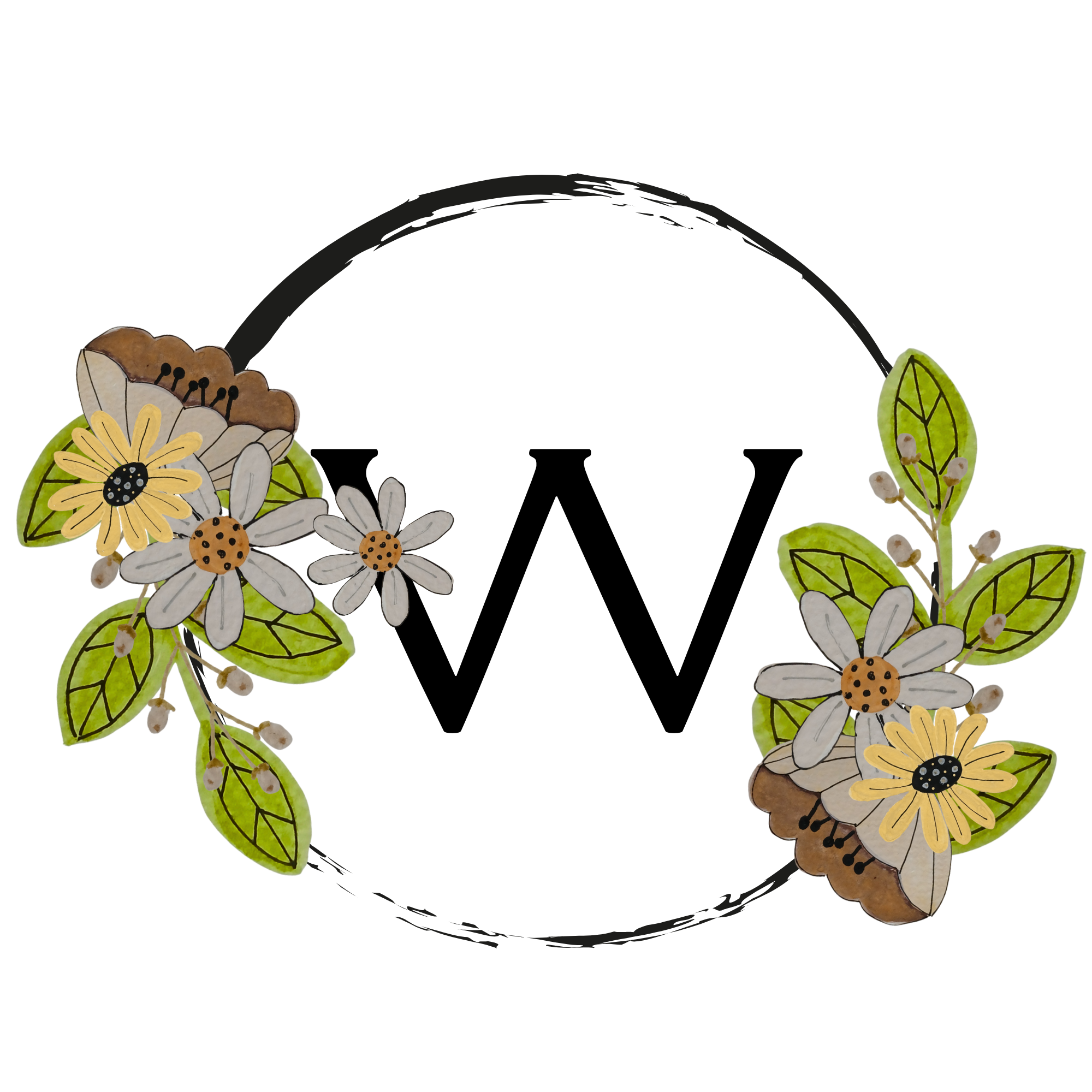Letter 'W' surrounded by floral elements on a white background
