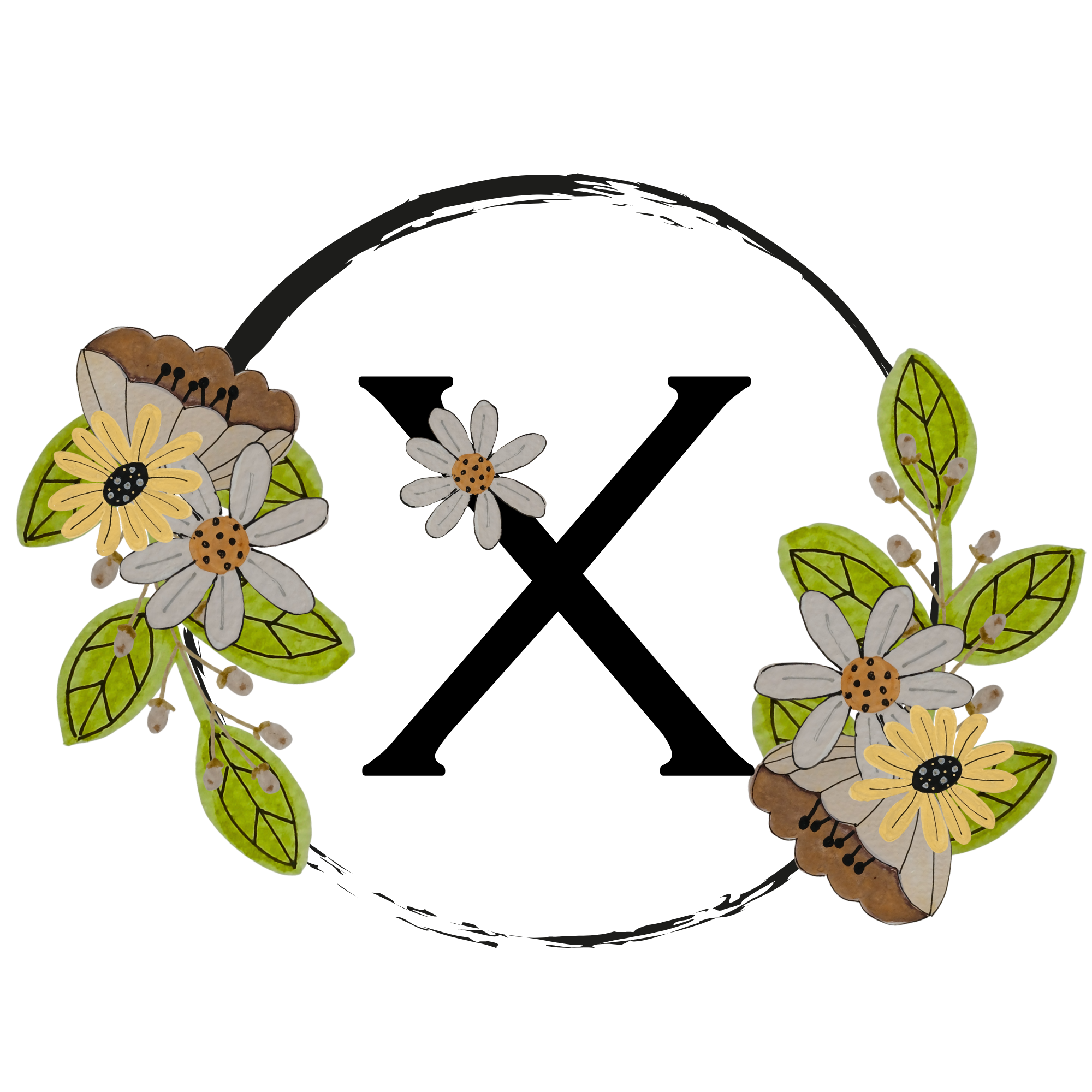Letter 'X' surrounded by floral decorations on a white background