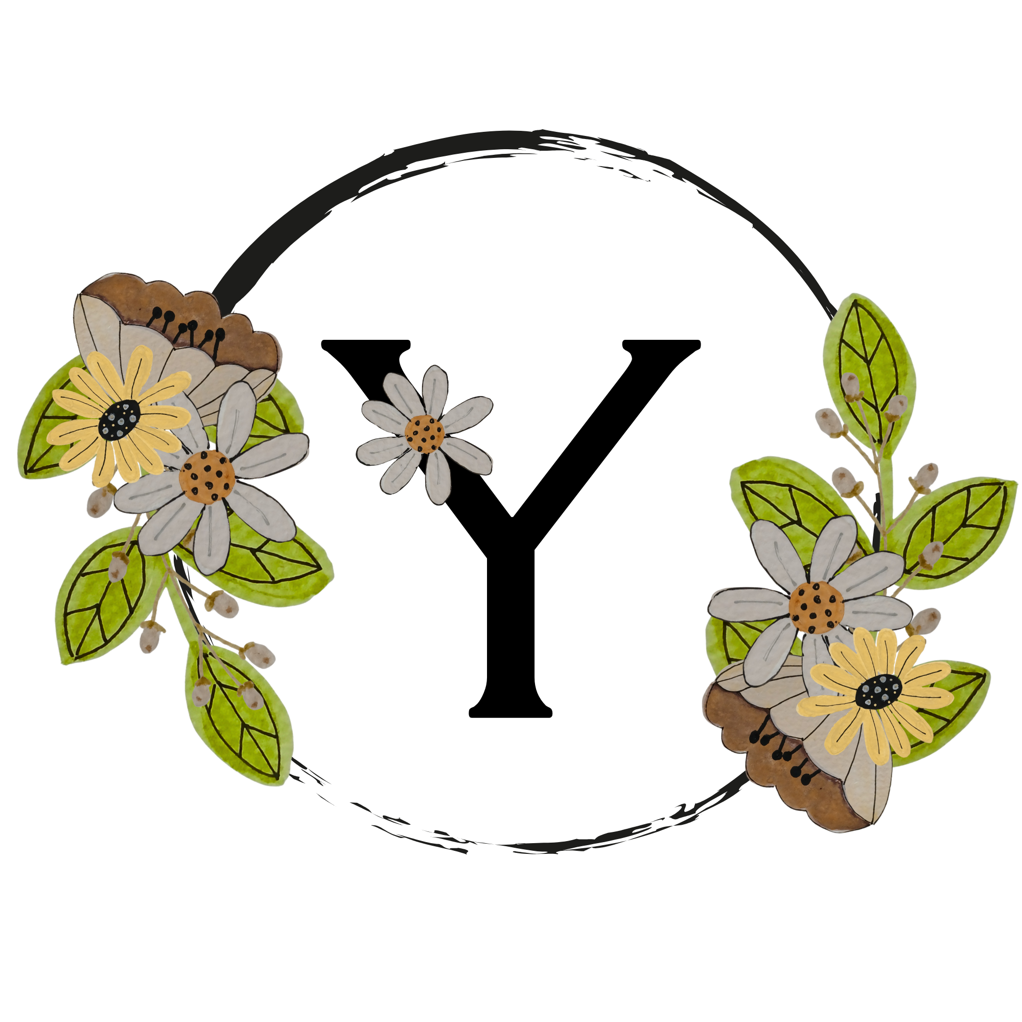 Letter 'Y' surrounded by floral decorations on a white background
