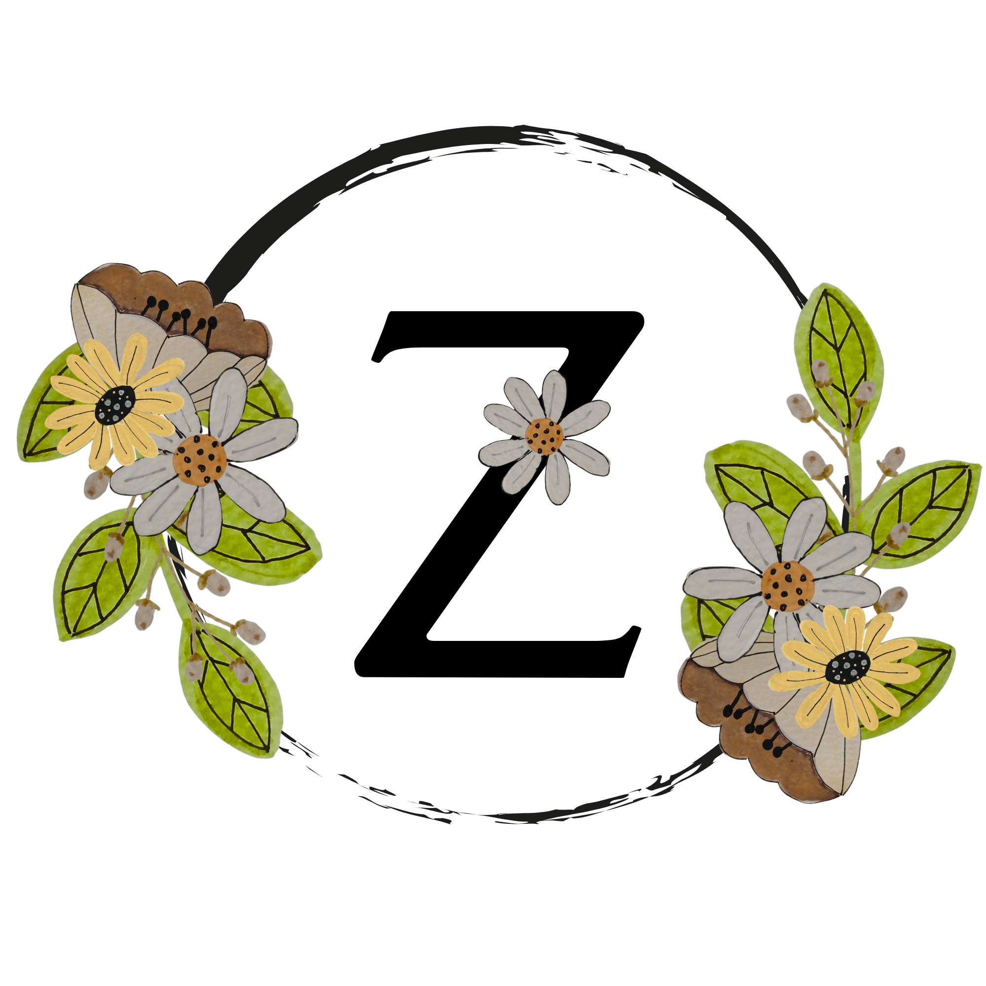 Letter 'Z' surrounded by floral elements on a white background