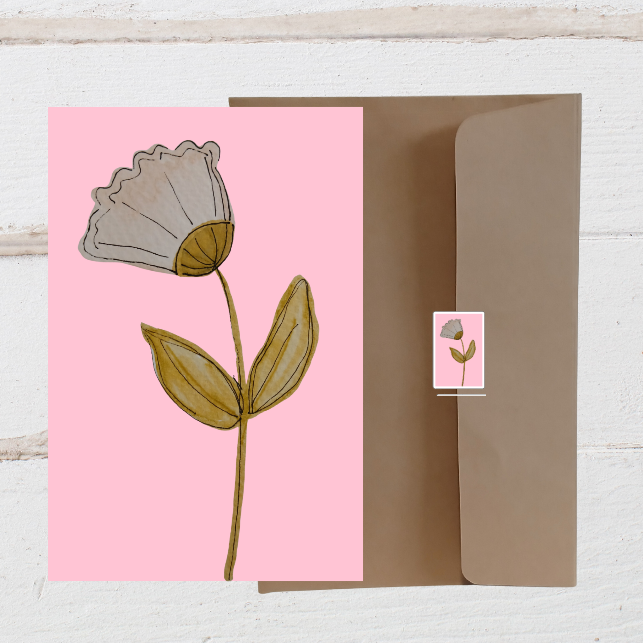 Card with a flower illustration on a pink background