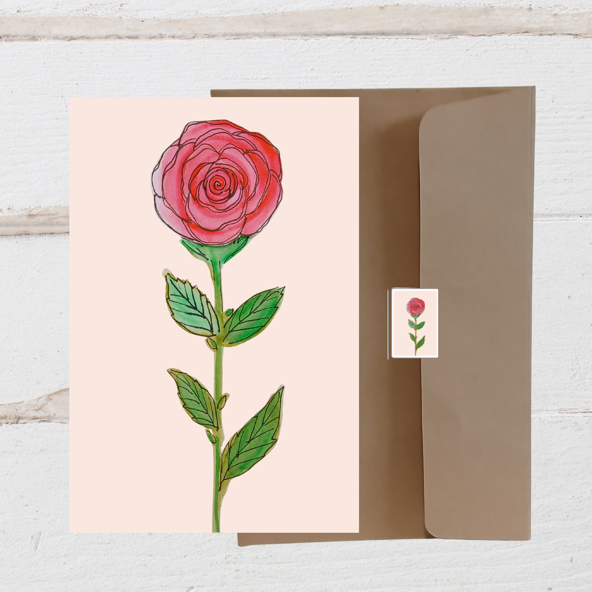 Greeting card with a pink rose illustration on a beige background