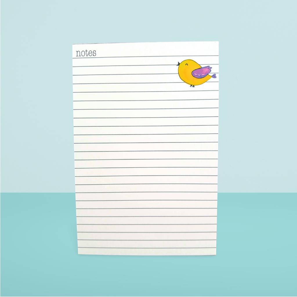 notepad with the text notes and a bird on a blue background