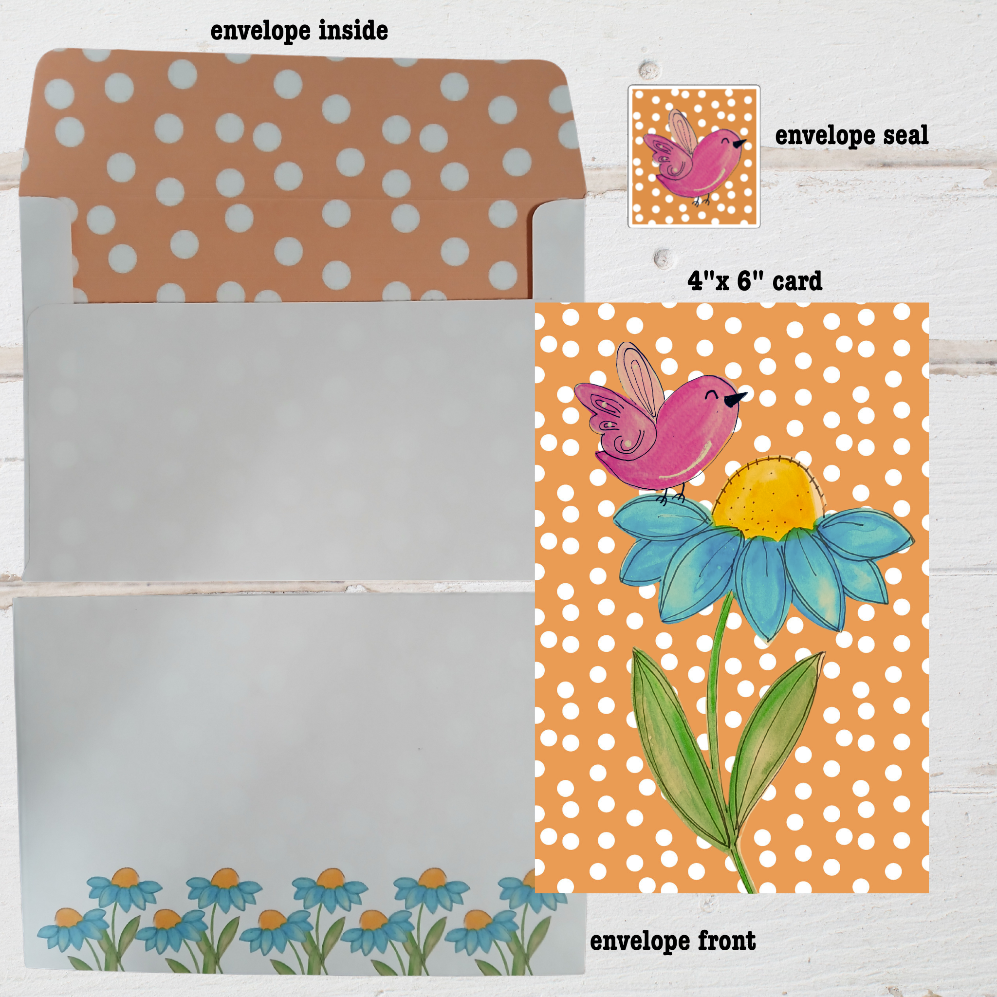 Set of stationery items including an envelope, card, and envelope seal with a butterfly and flower design.