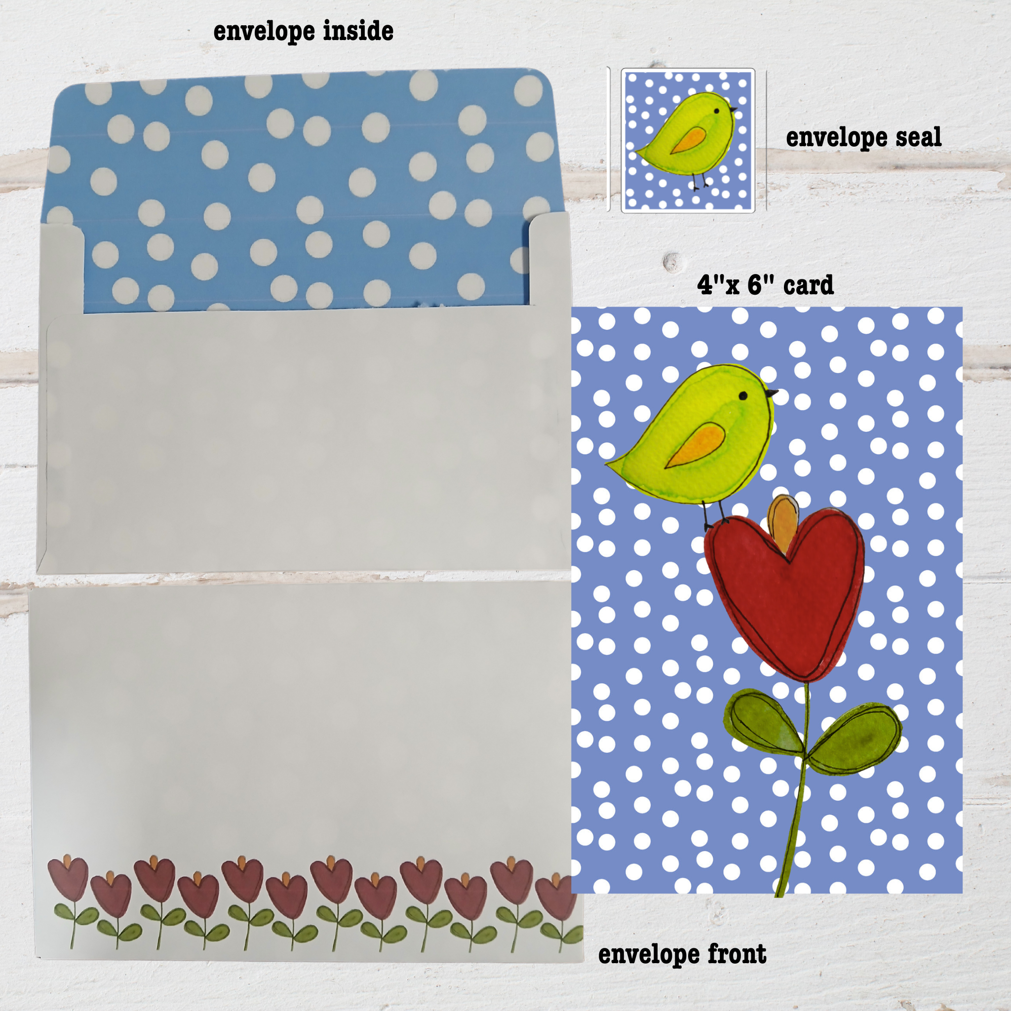 Set of stationery items including an envelope, card, and envelope seal with a bird and heart design.