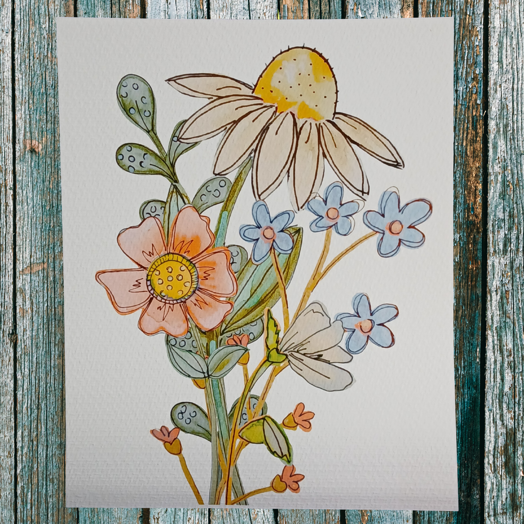 Illustration of flowers on a wooden surface