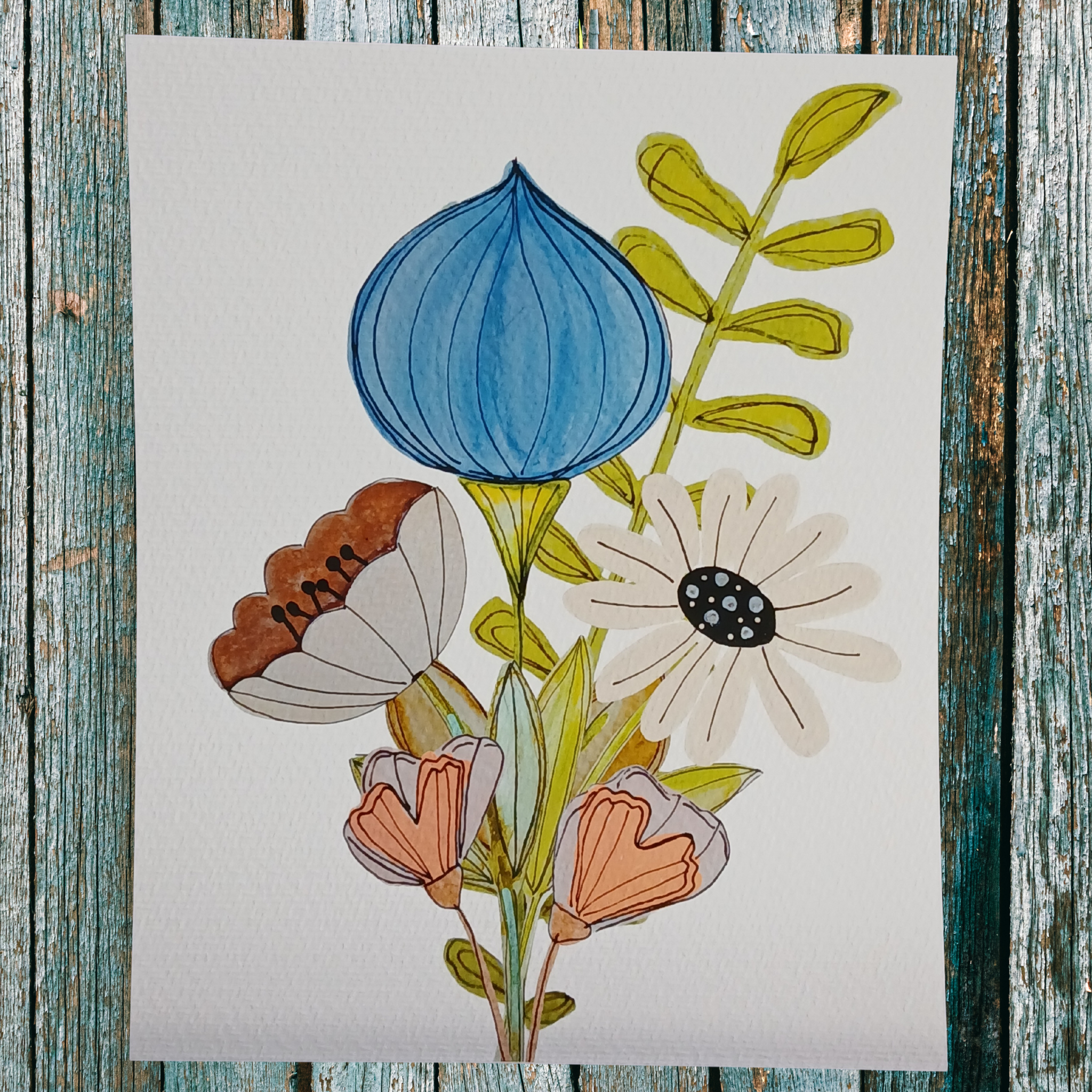 Illustration of flowers on a wooden surface