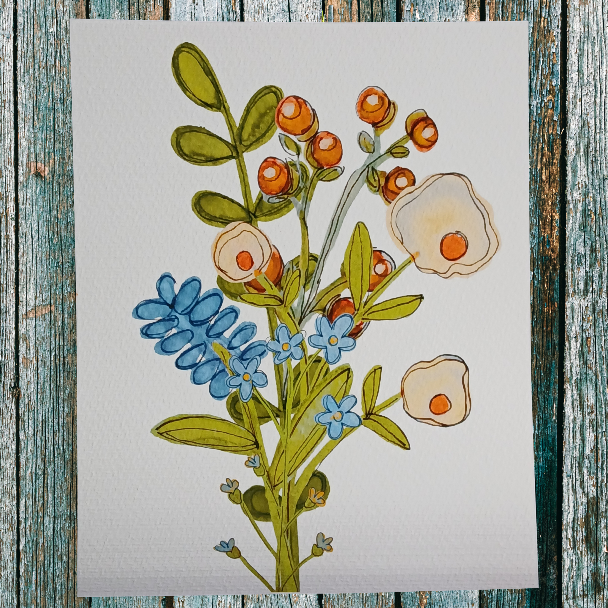 Floral art print on wooden background