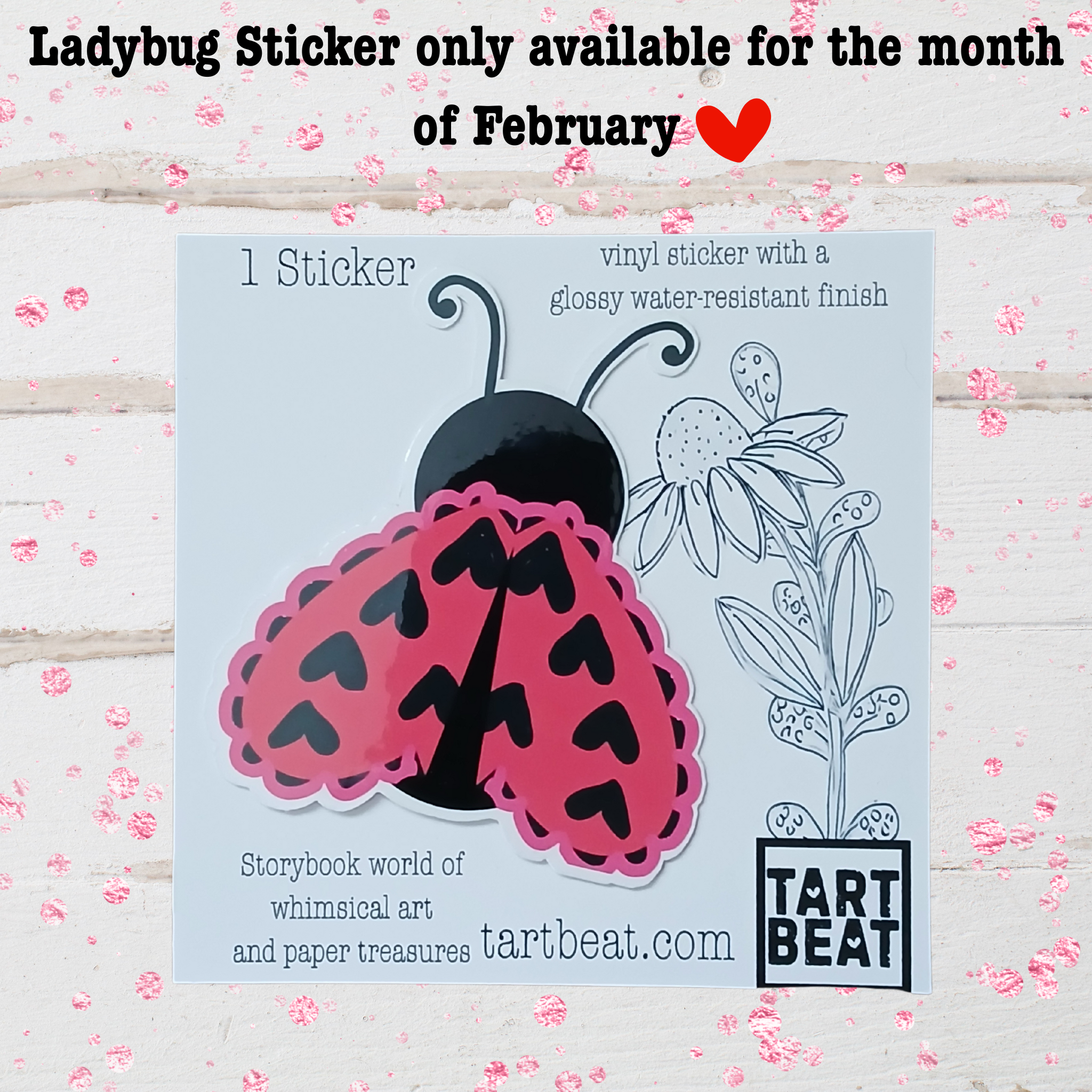 Ladybug sticker with floral design on a light blue background, featuring Tart Beat branding.