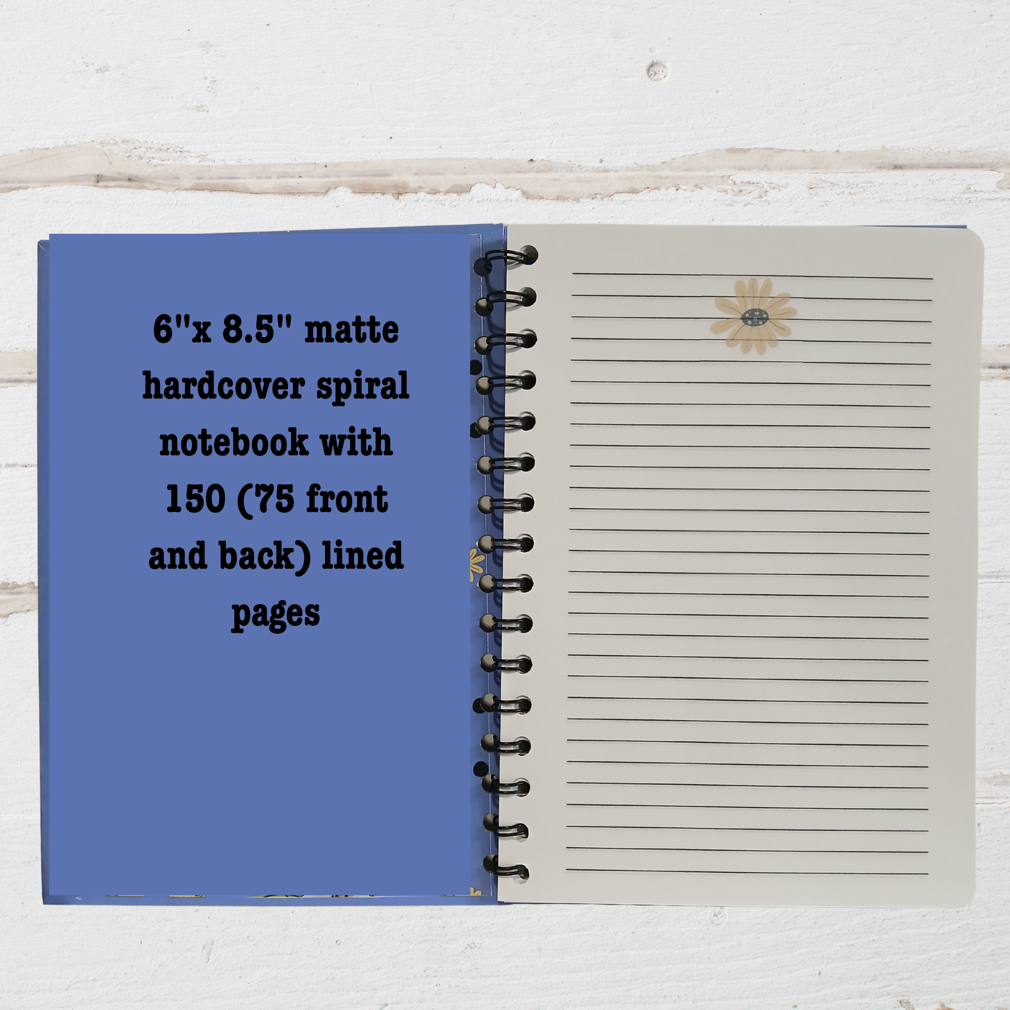 Open notebook showing blue cover and lined pages on a white wooden surface