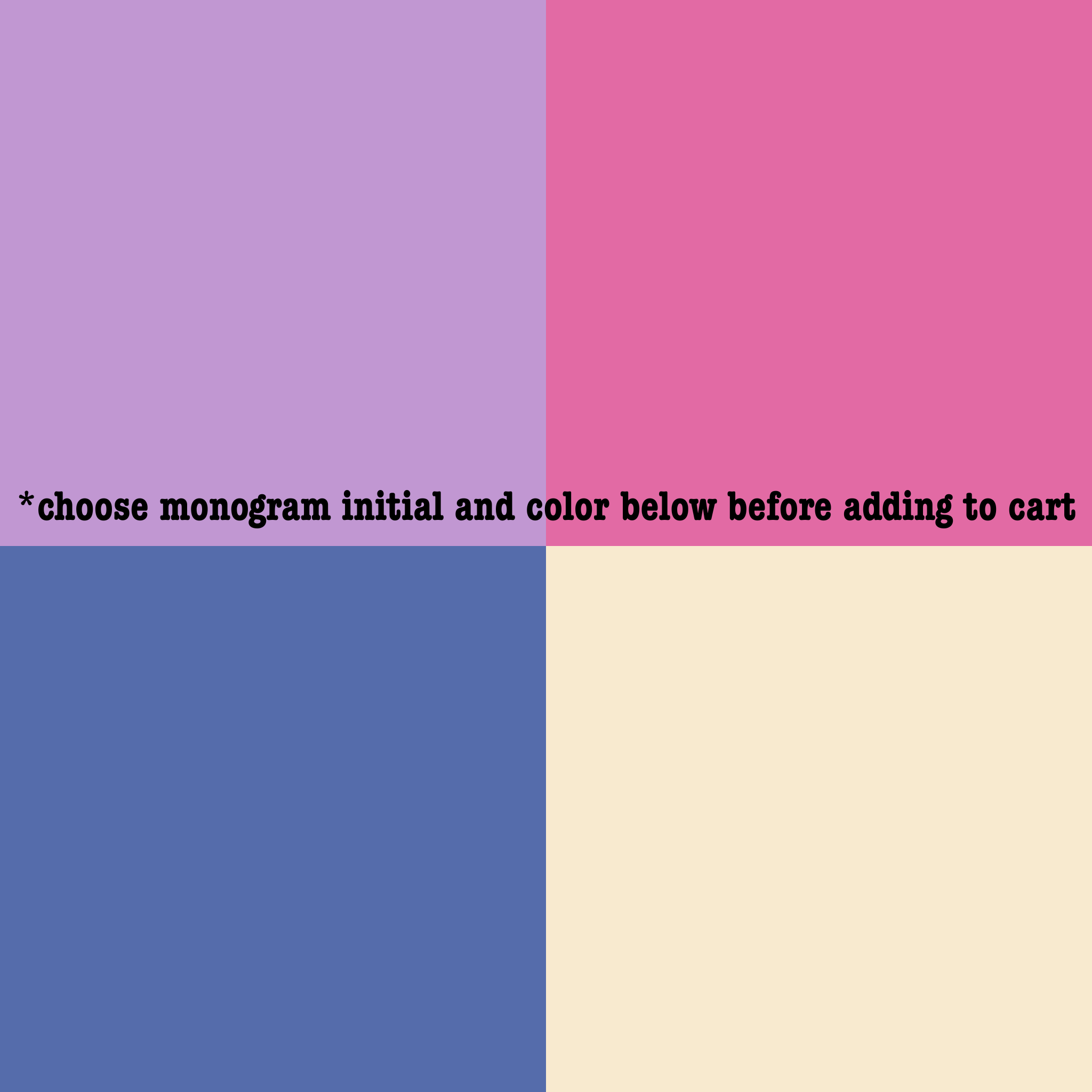 Four square color swatches purple, pink,blue, and beige with text overlay on a white background