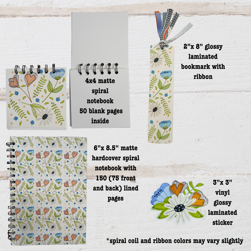 Set of stationery items including  4"x 4" and 6"x 8.5" notebooks,2"x 8"  bookmark, and a sticker on a wooden surface.