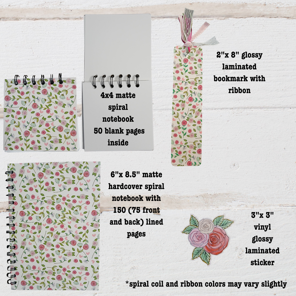 Set of stationery items including  4"x 4" and 6"x 8.5" notebooks and 2"x 8" bookmarks with floral designs on a wooden surface.