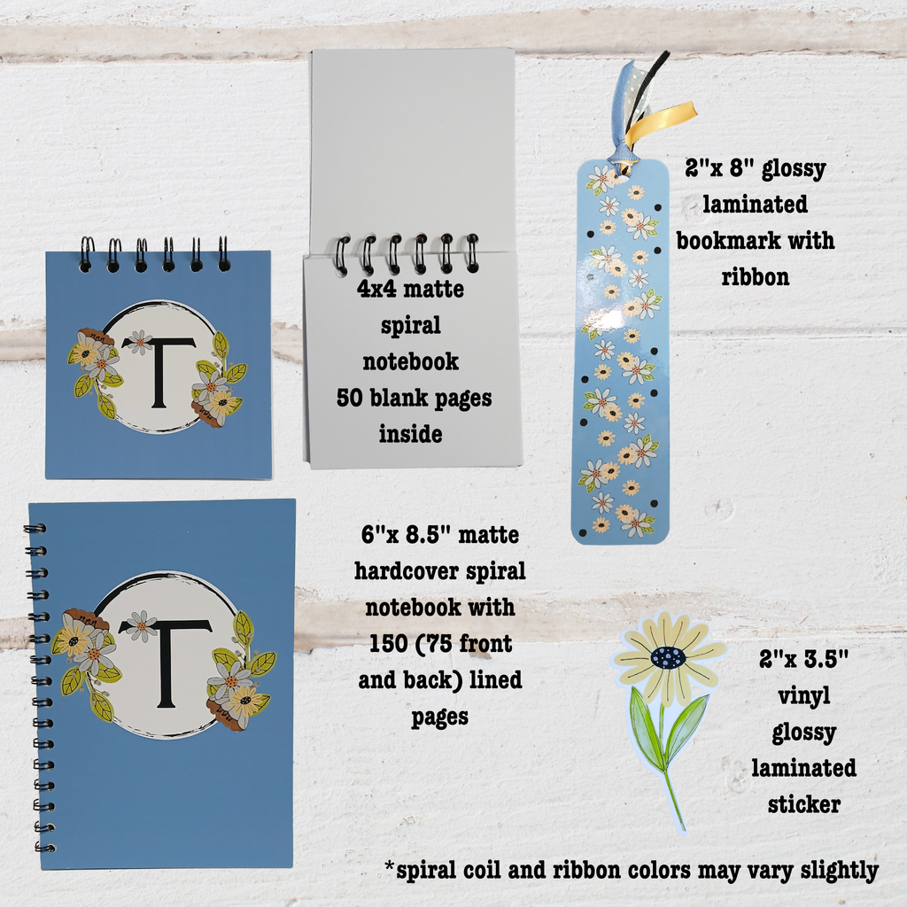 Collection of stationery items including 4"x 4" and 6"x 8.5" notebooks and 2"x8"bookmark on a white background.