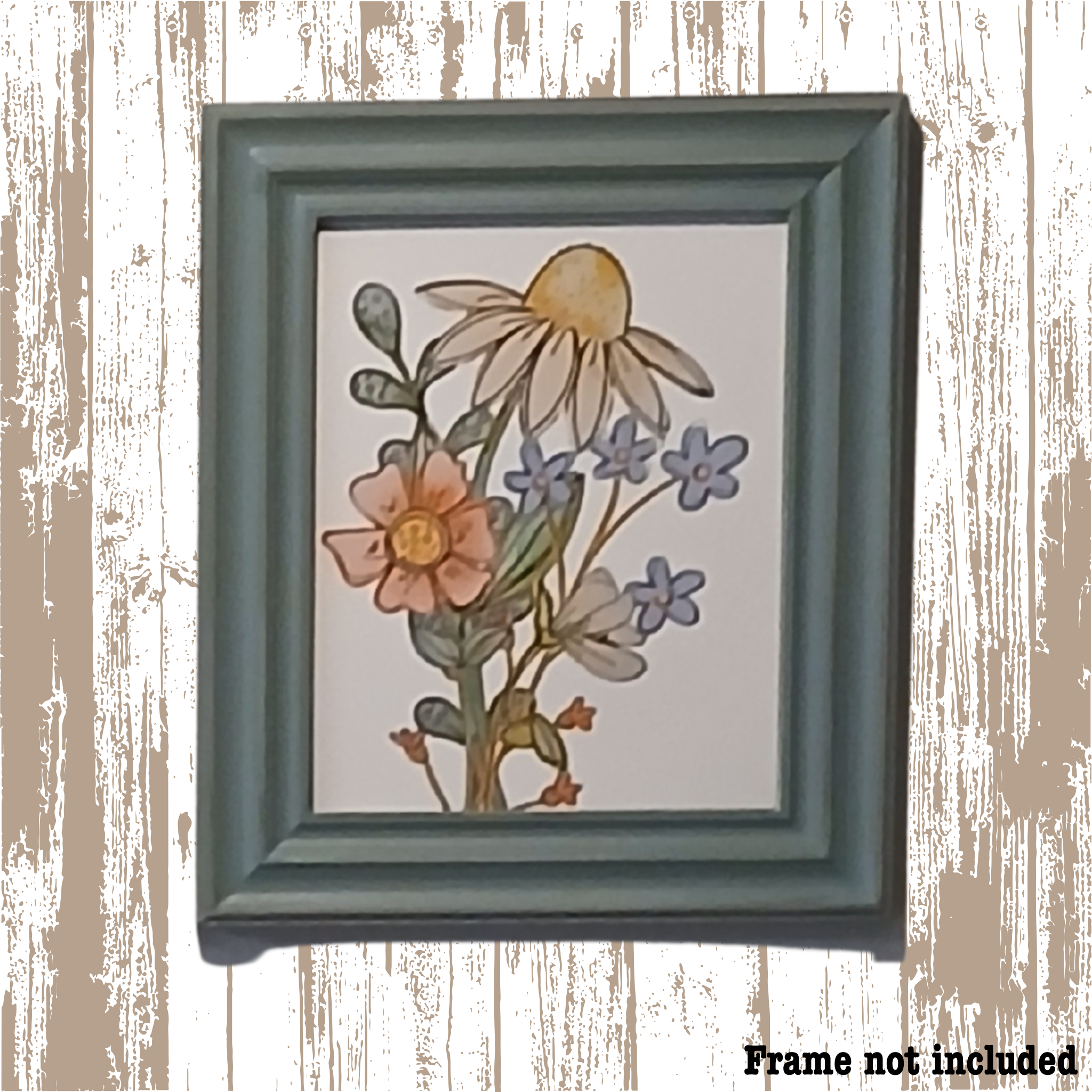 Framed artwork of flowers on a wooden surface with 'Frame not included' text.