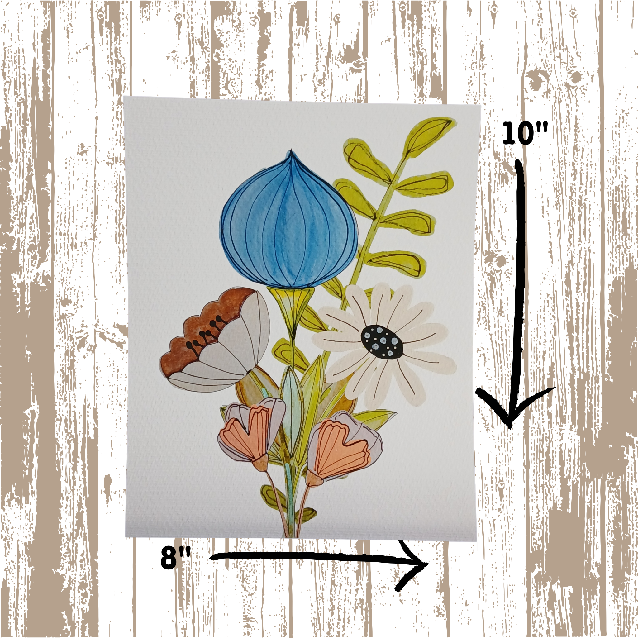Floral illustration with measurements on a wooden background