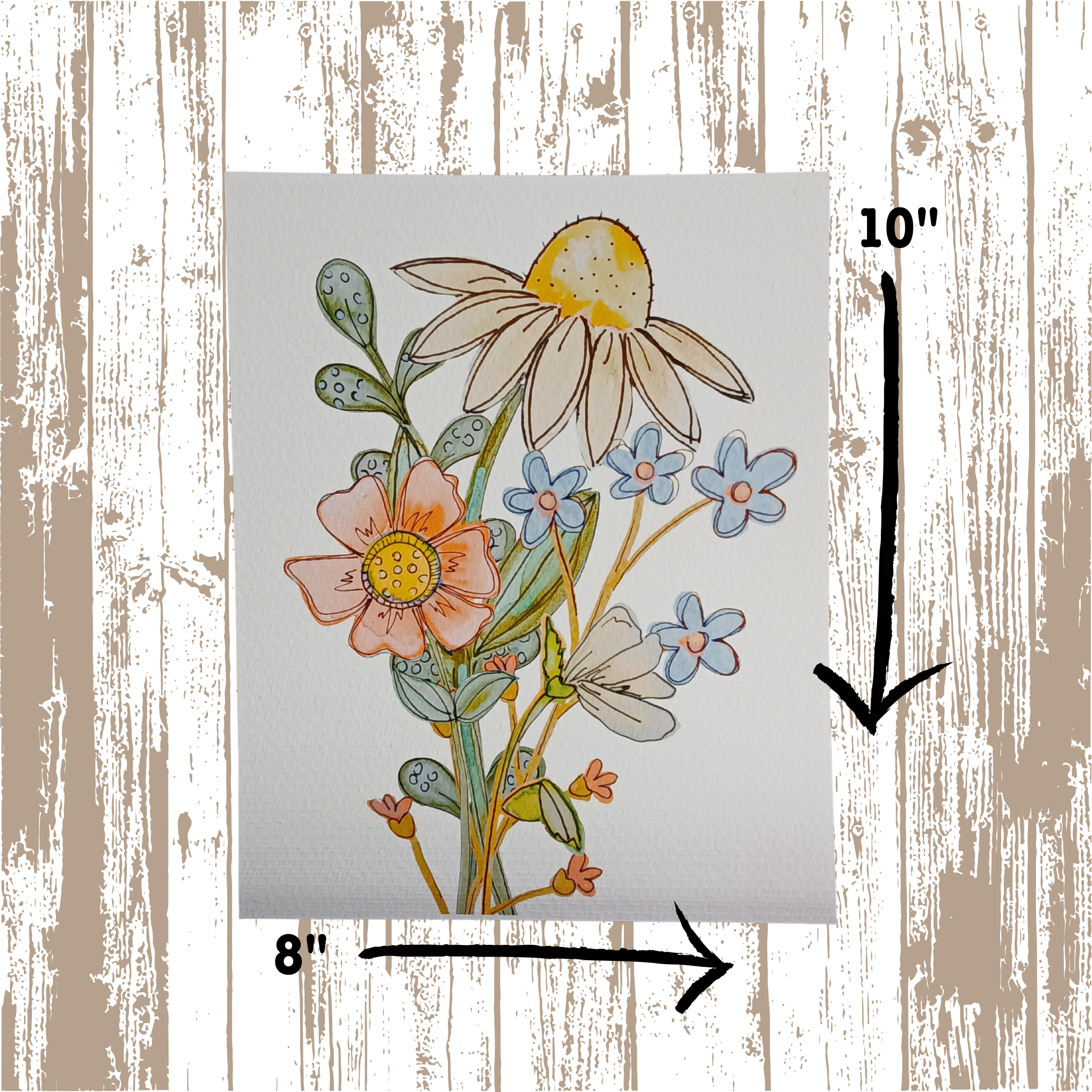 Floral design with measurements on a wooden background