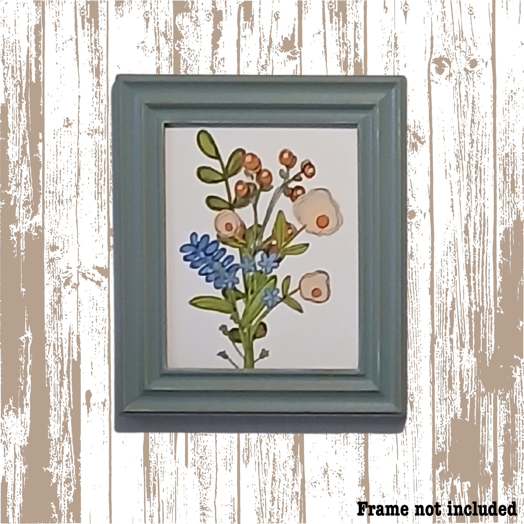 floral art print in frame on wooden background with text frame not included