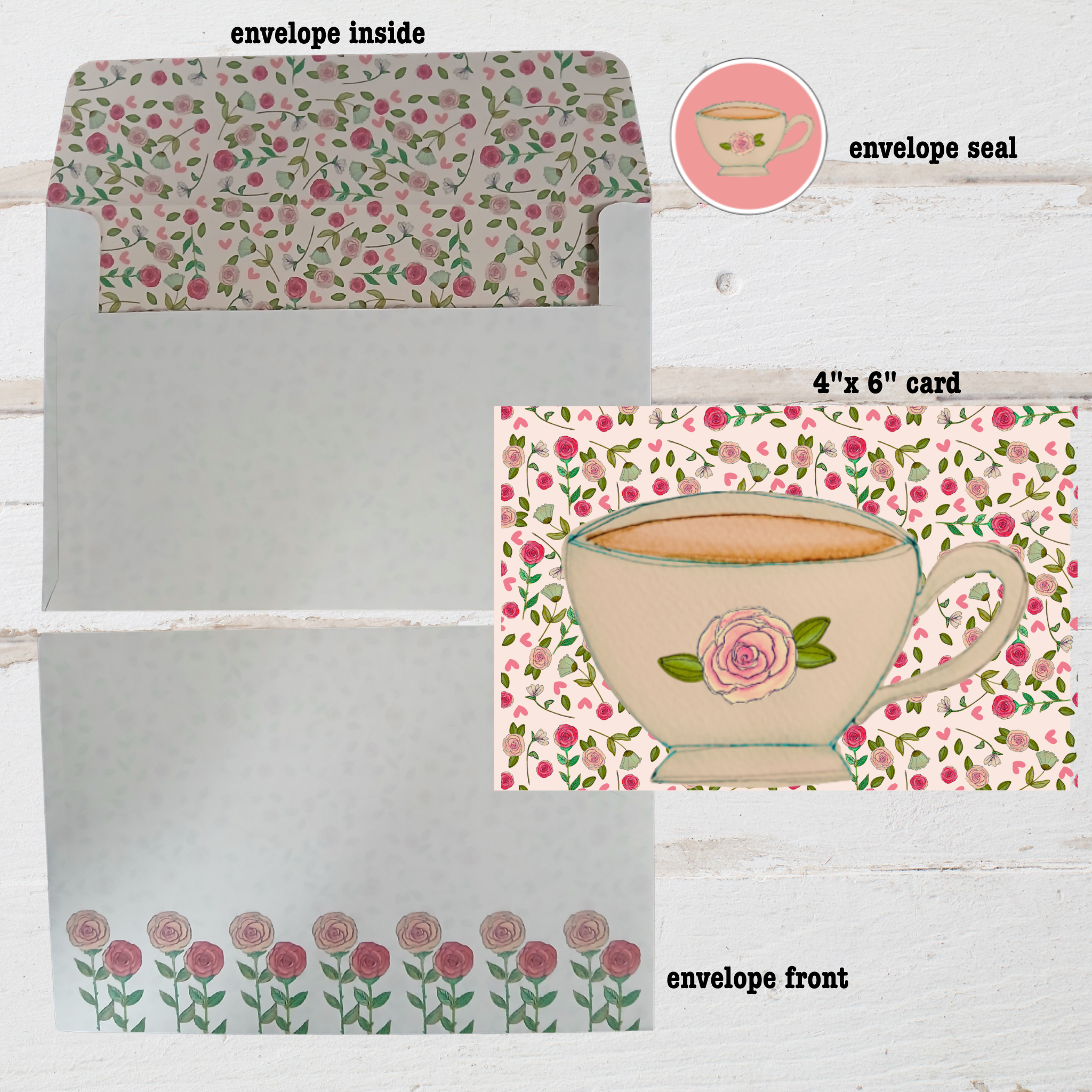 Set of stationery items including an envelope, card, and envelope seal with floral design.
