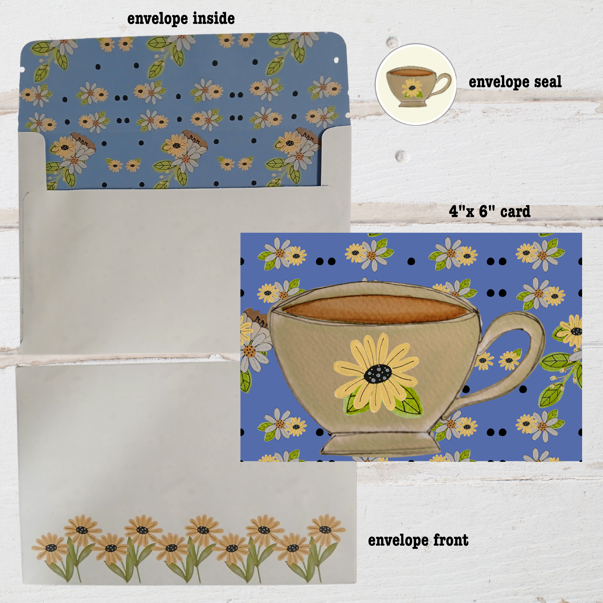 Set of stationery items with a floral design and coffee cup illustration on a blue background.