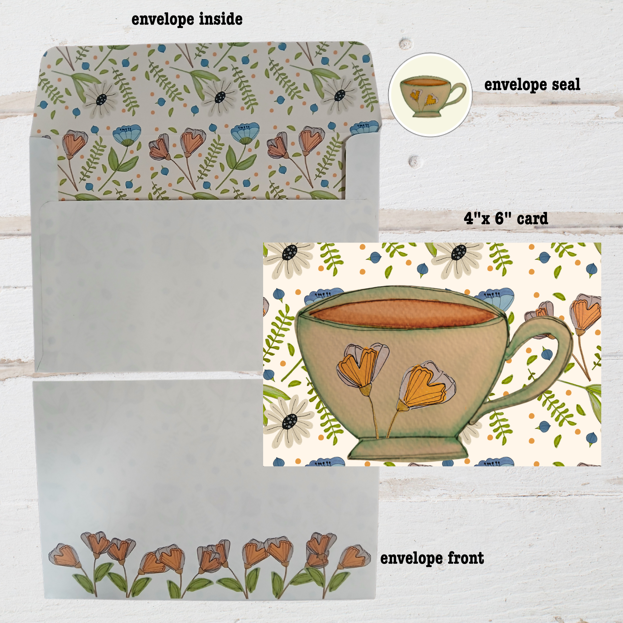 Set of stationery items including an envelope, card, and envelope seal with floral and teacup designs.